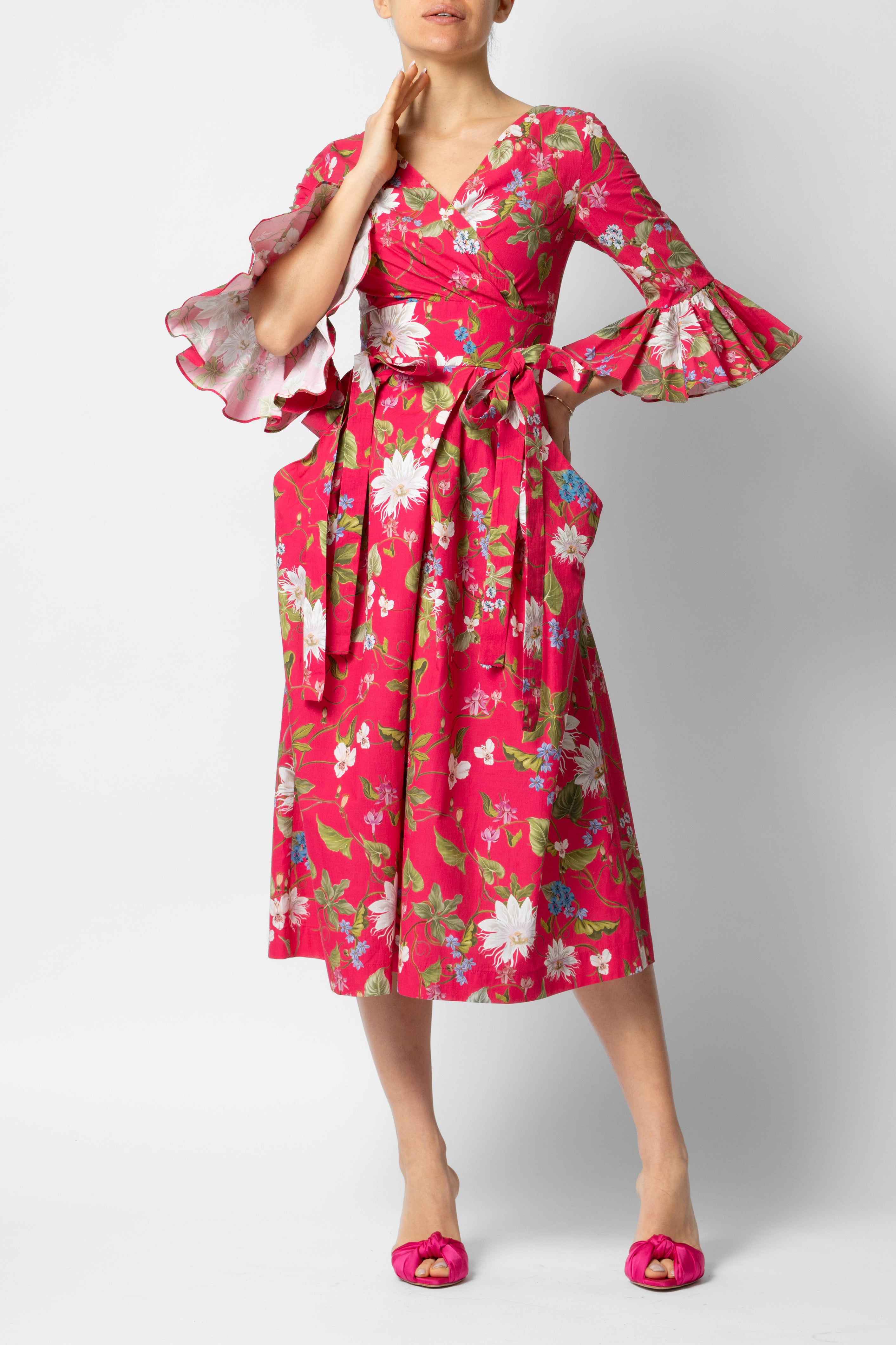 Rochie Midi cu Maneci 3/4 din Bumbac, Fuchsia