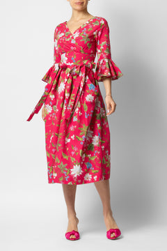 Rochie Midi cu Maneci 3/4 din Bumbac, Fuchsia