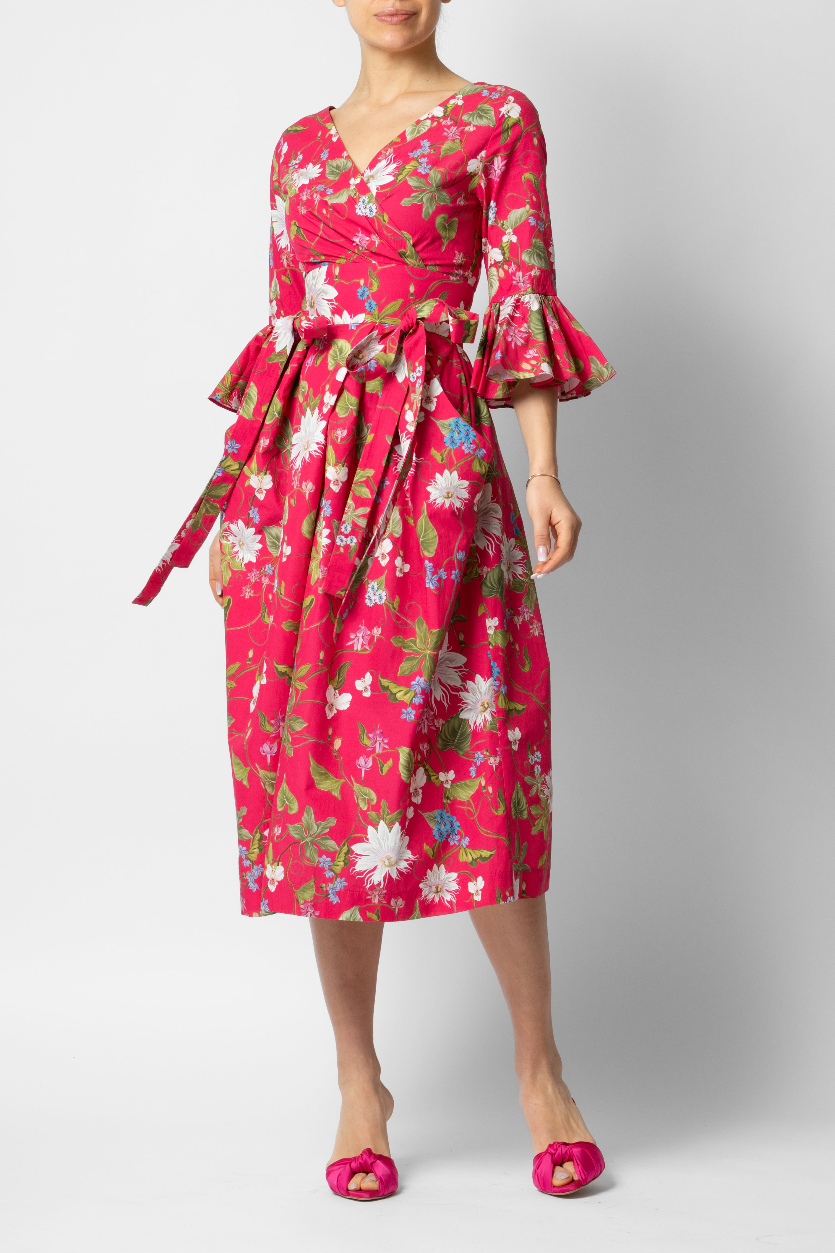 Midi Dress with 3/4 Sleeves in Cotton, Fuchsia