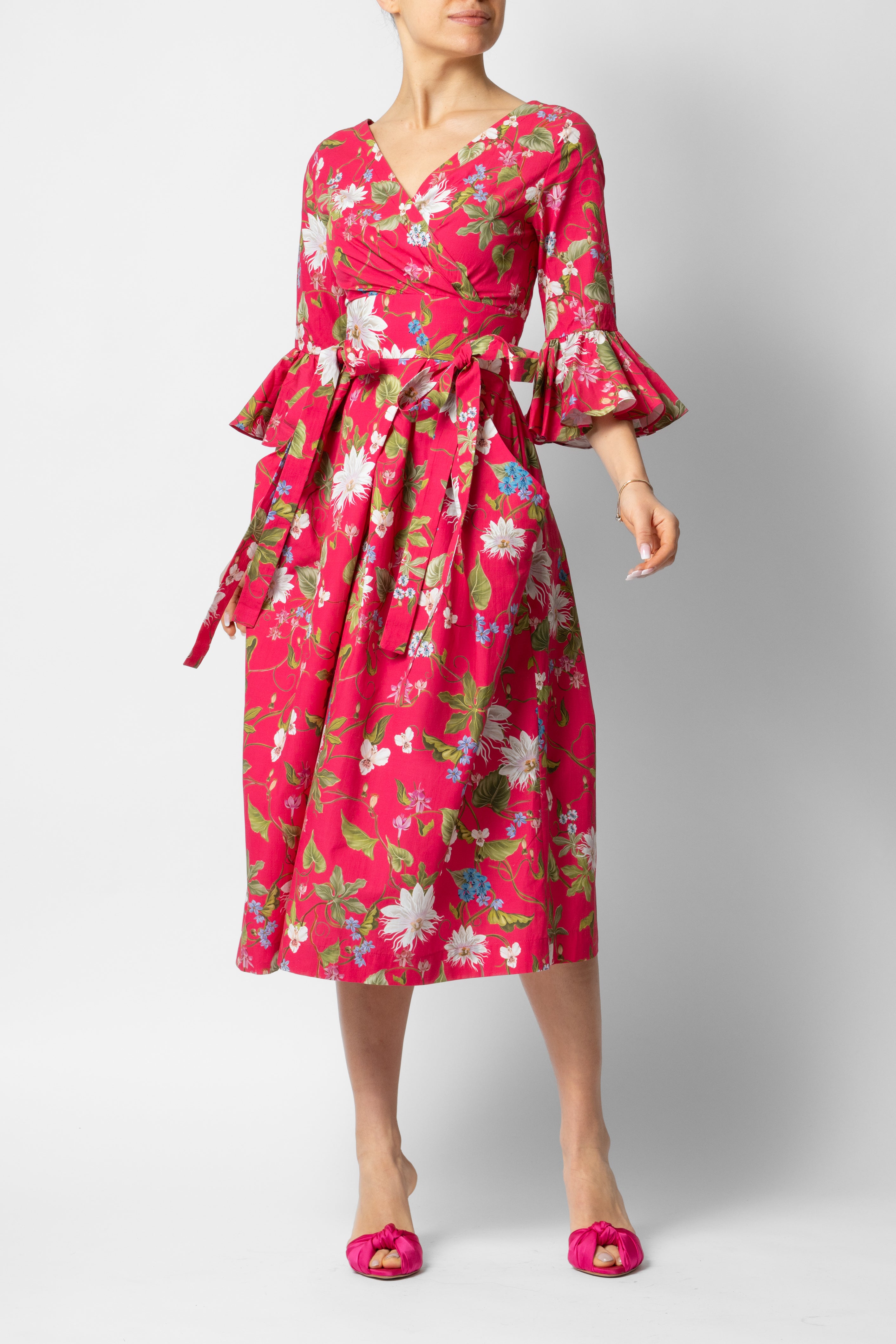 Midi Dress with 3/4 Sleeves in Cotton, Fuchsia