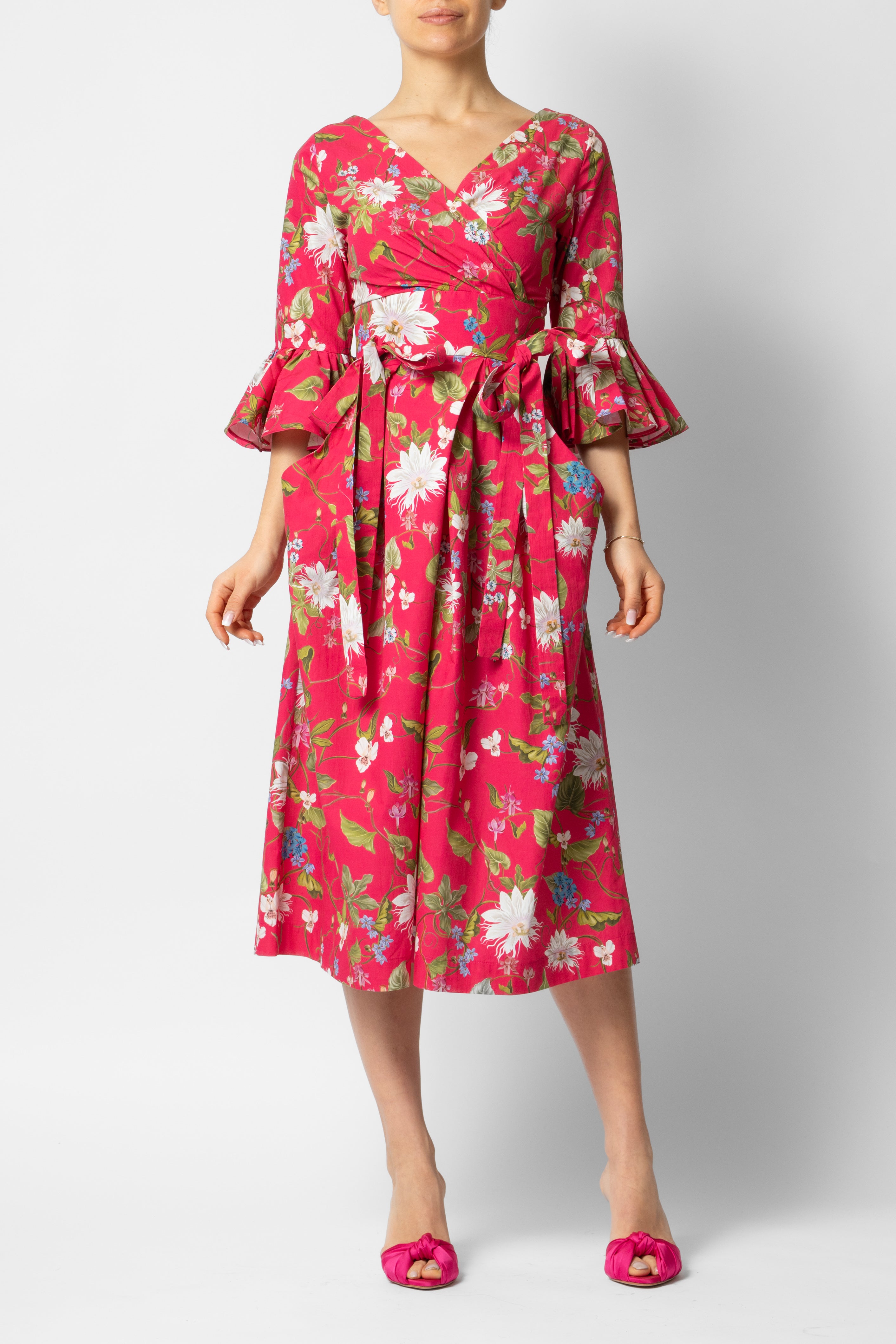 Midi Dress with 3/4 Sleeves in Cotton, Fuchsia