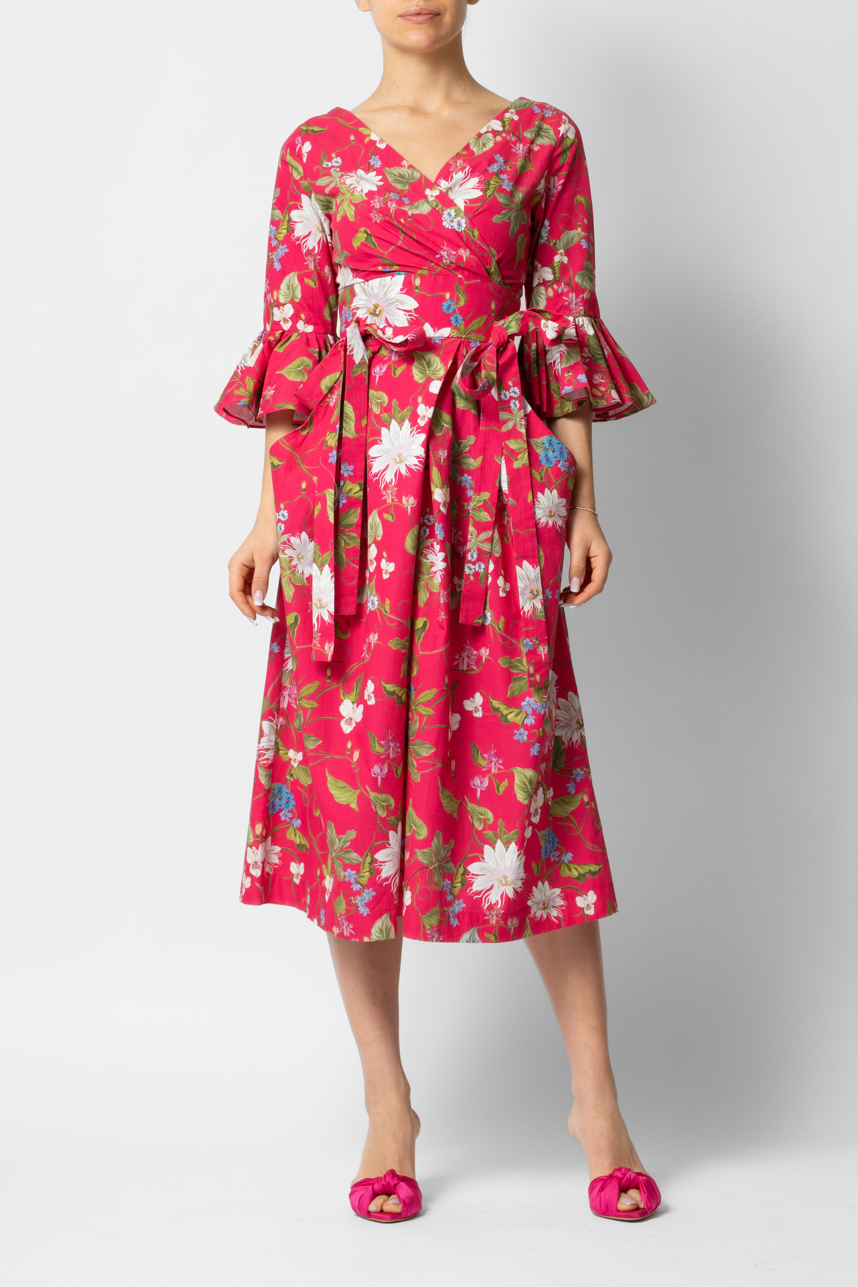 Midi Dress with 3/4 Sleeves in Cotton, Fuchsia