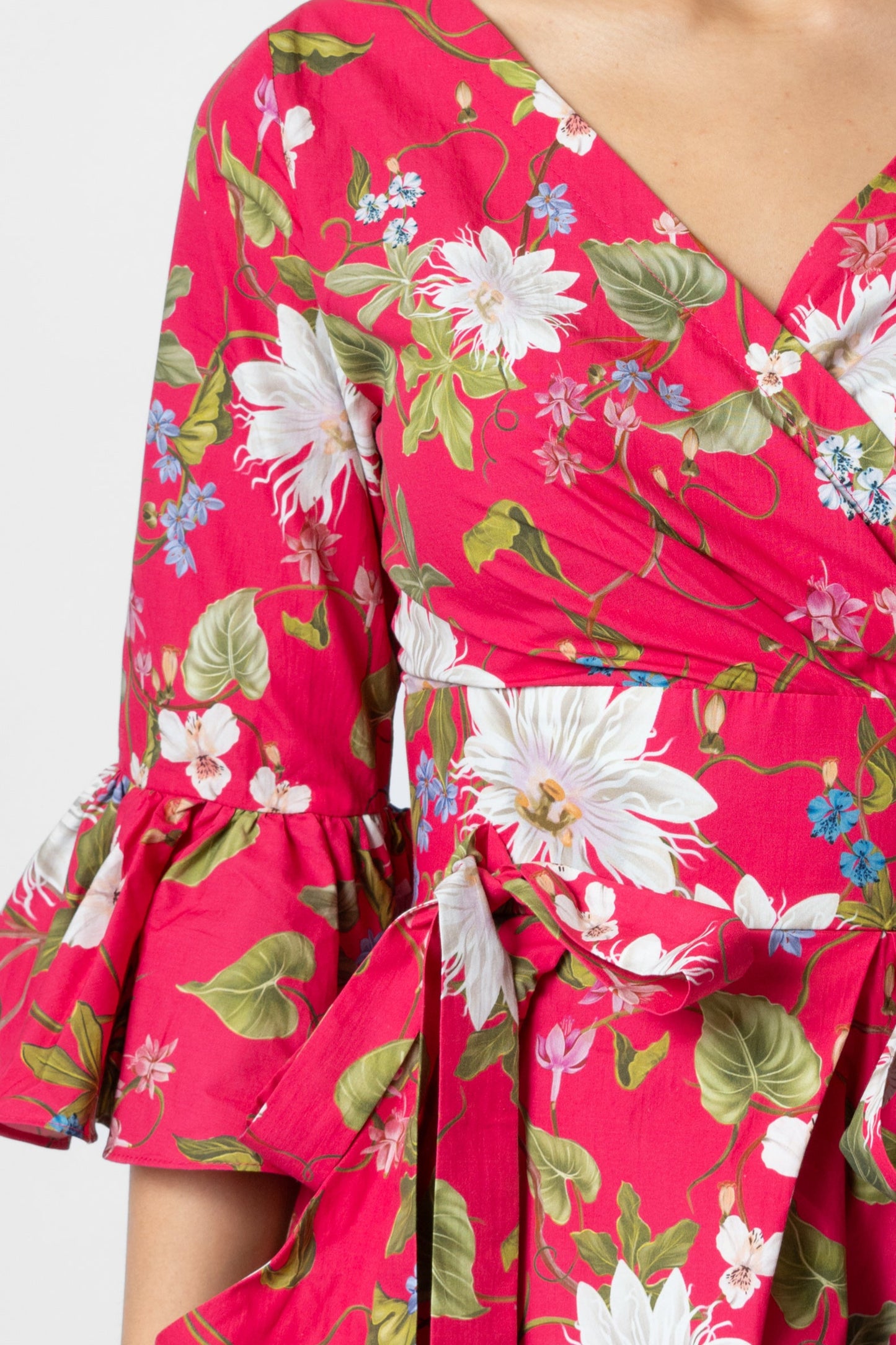 Rochie Midi cu Maneci 3/4 din Bumbac, Fuchsia