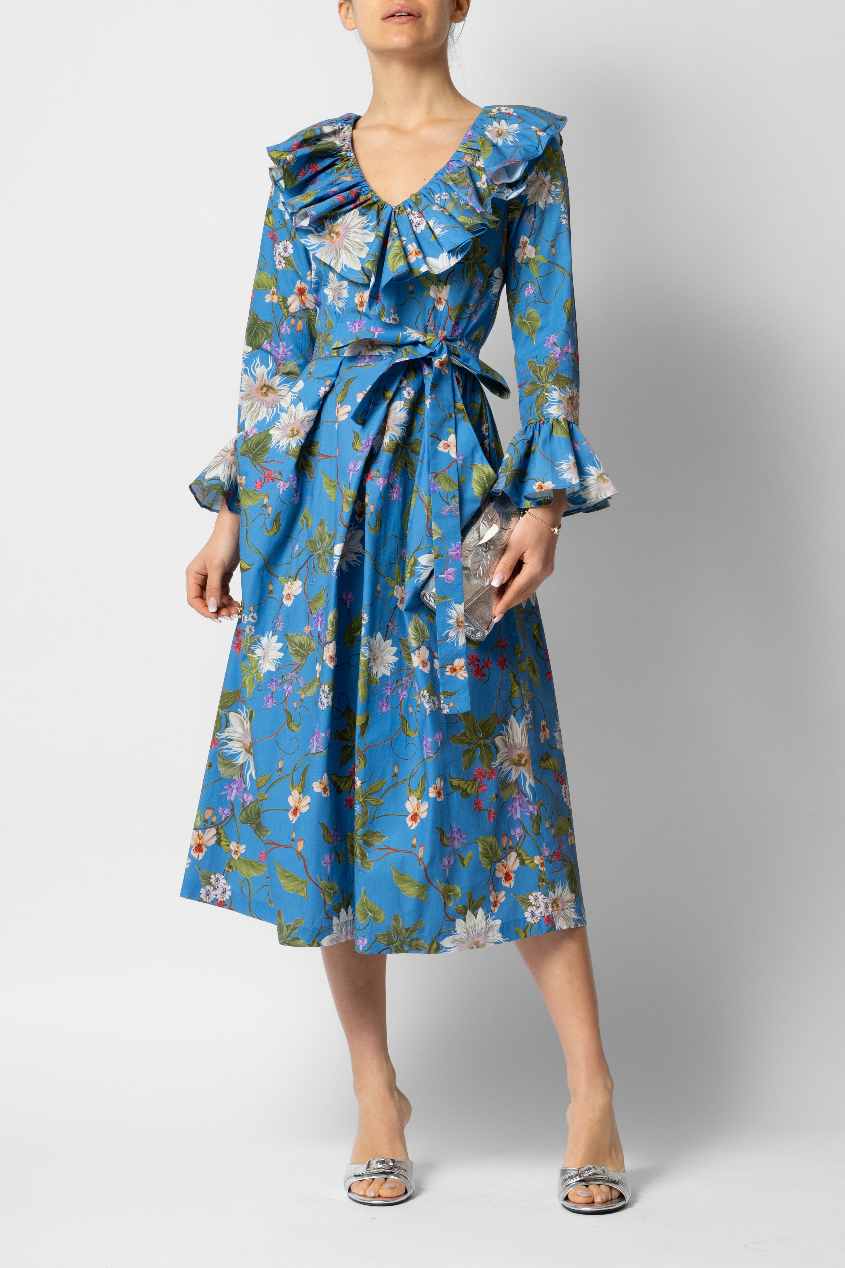 Rochie Midi cu Maneci 3/4 din Bumbac, Albastra