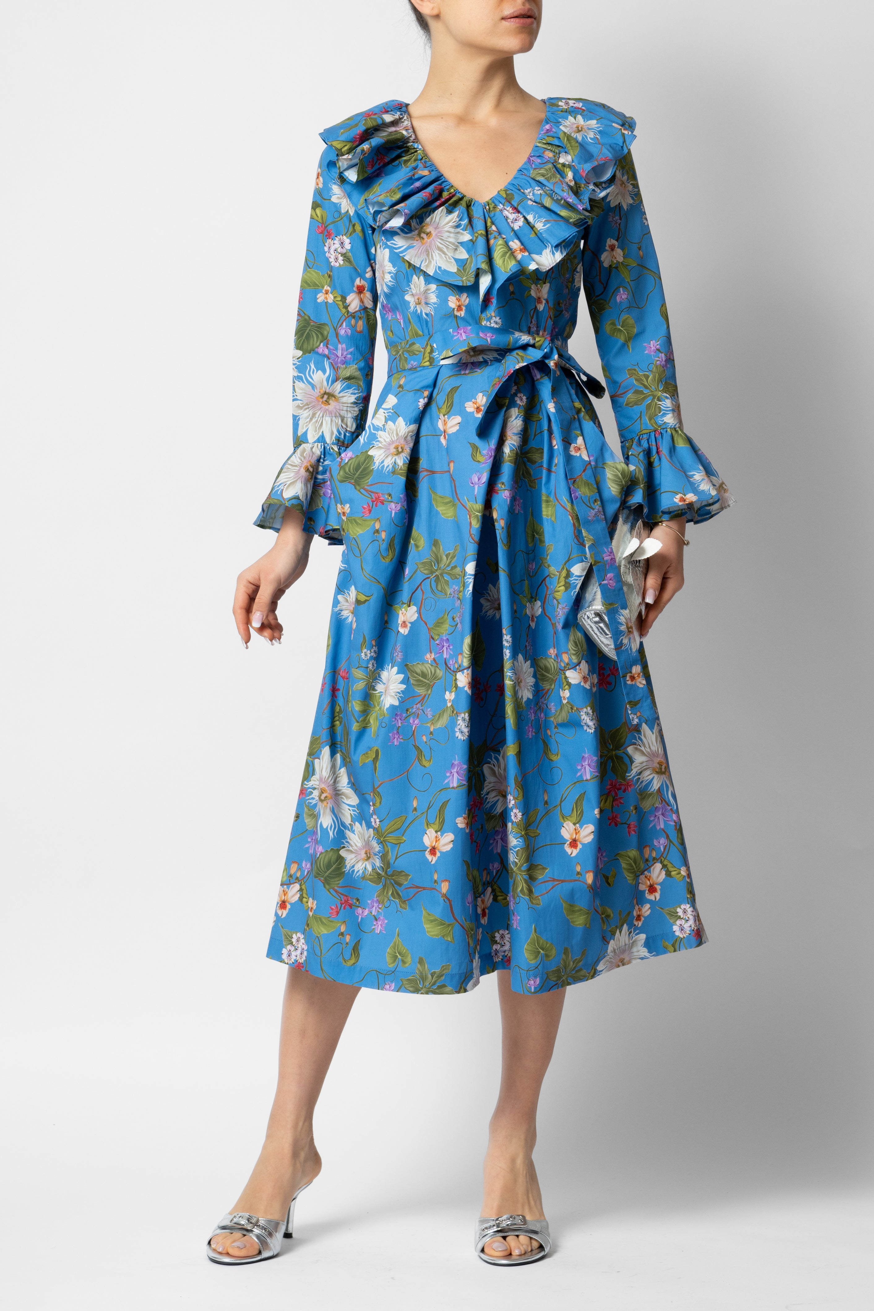 Rochie Midi cu Maneci 3/4 din Bumbac, Albastra