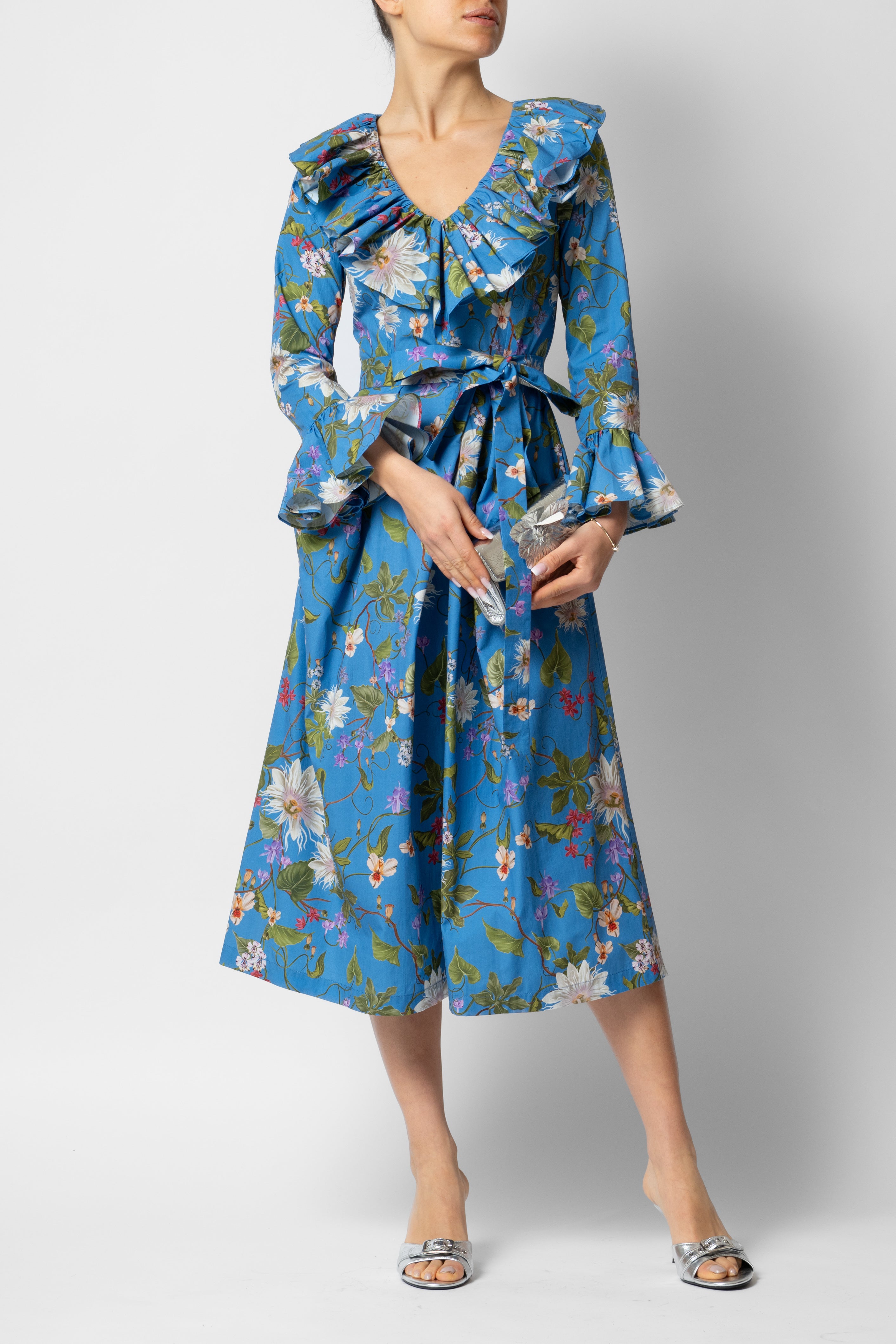 Rochie Midi cu Maneci 3/4 din Bumbac, Albastra