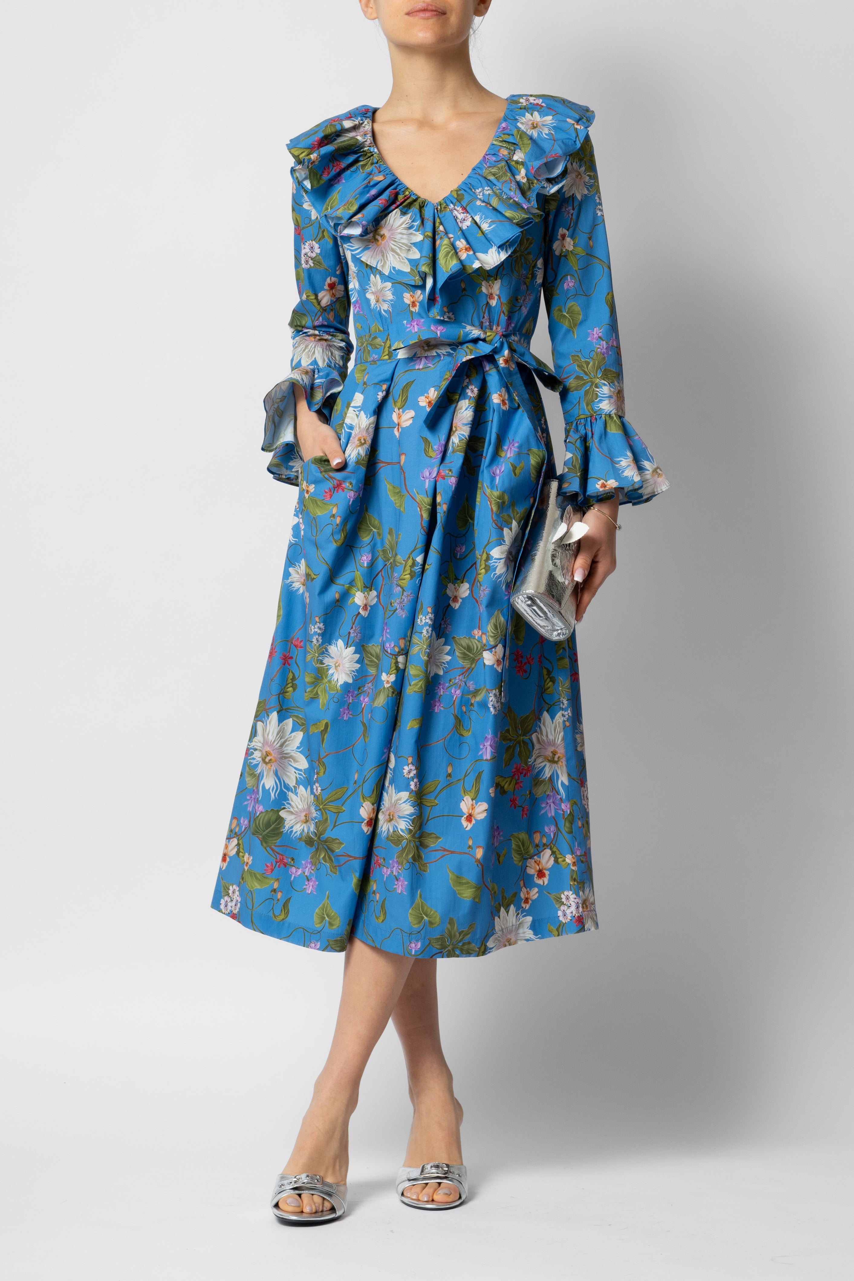 Rochie Midi cu Maneci 3/4 din Bumbac, Albastra