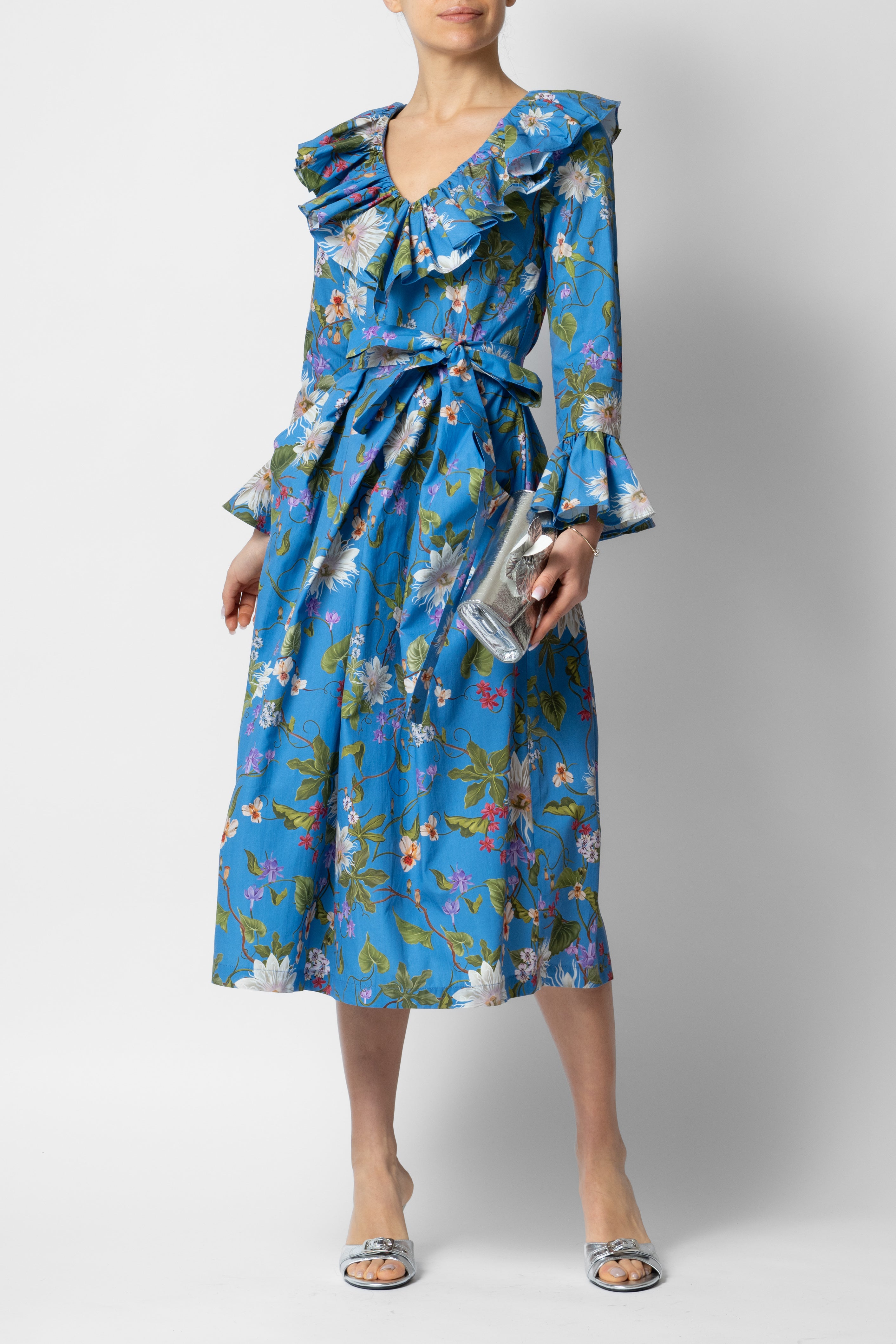 Rochie Midi cu Maneci 3/4 din Bumbac, Albastra