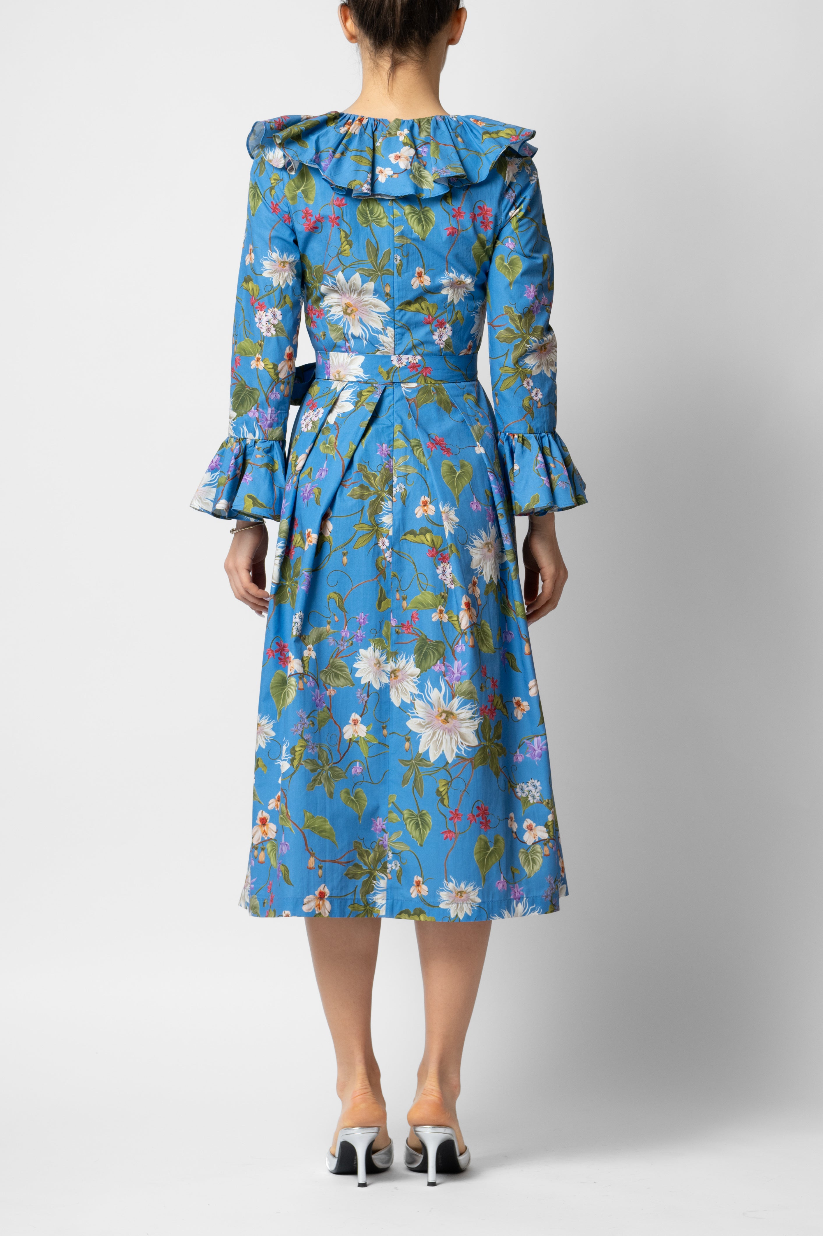 Rochie Midi cu Maneci 3/4 din Bumbac, Albastra