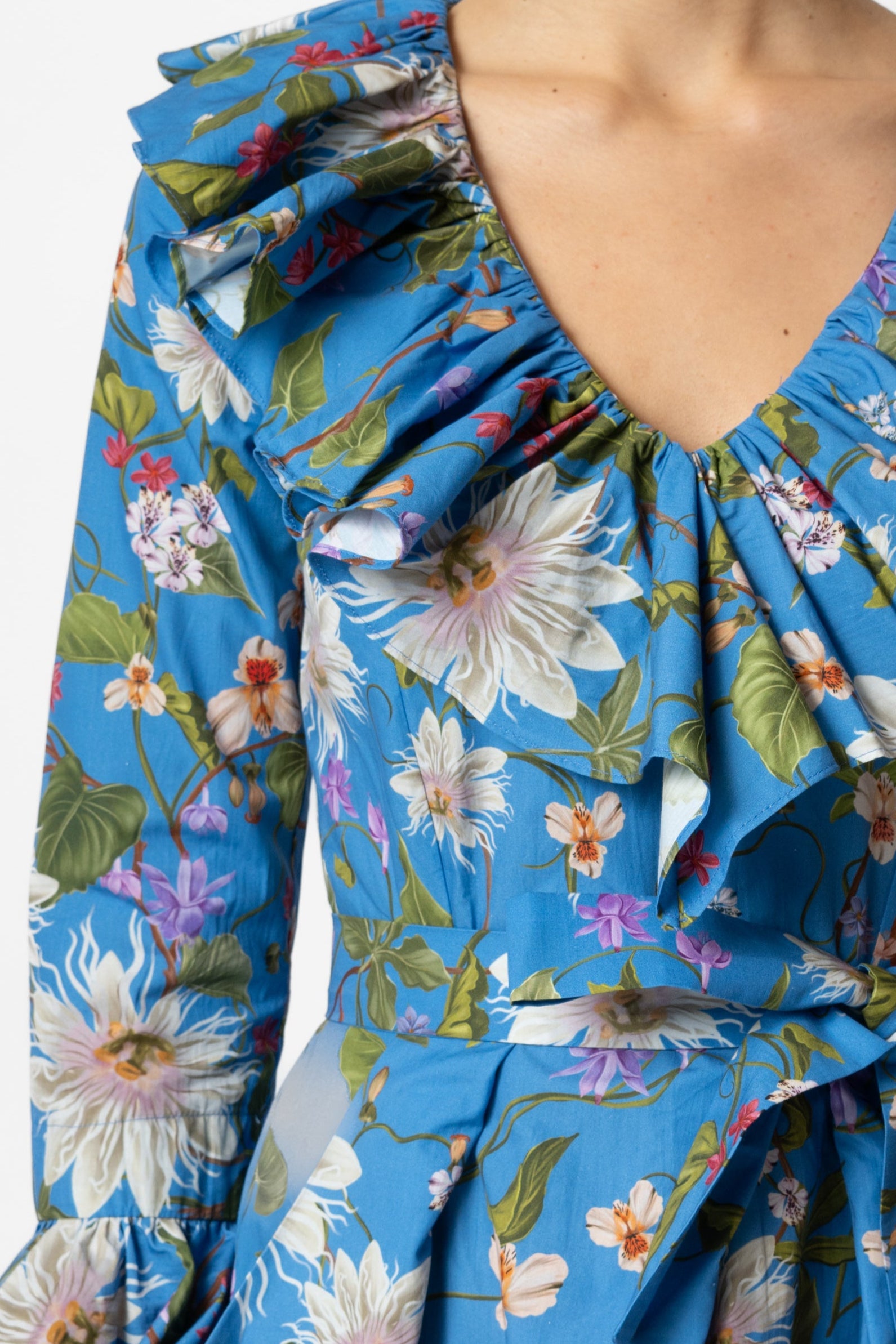 Rochie Midi cu Maneci 3/4 din Bumbac, Albastra