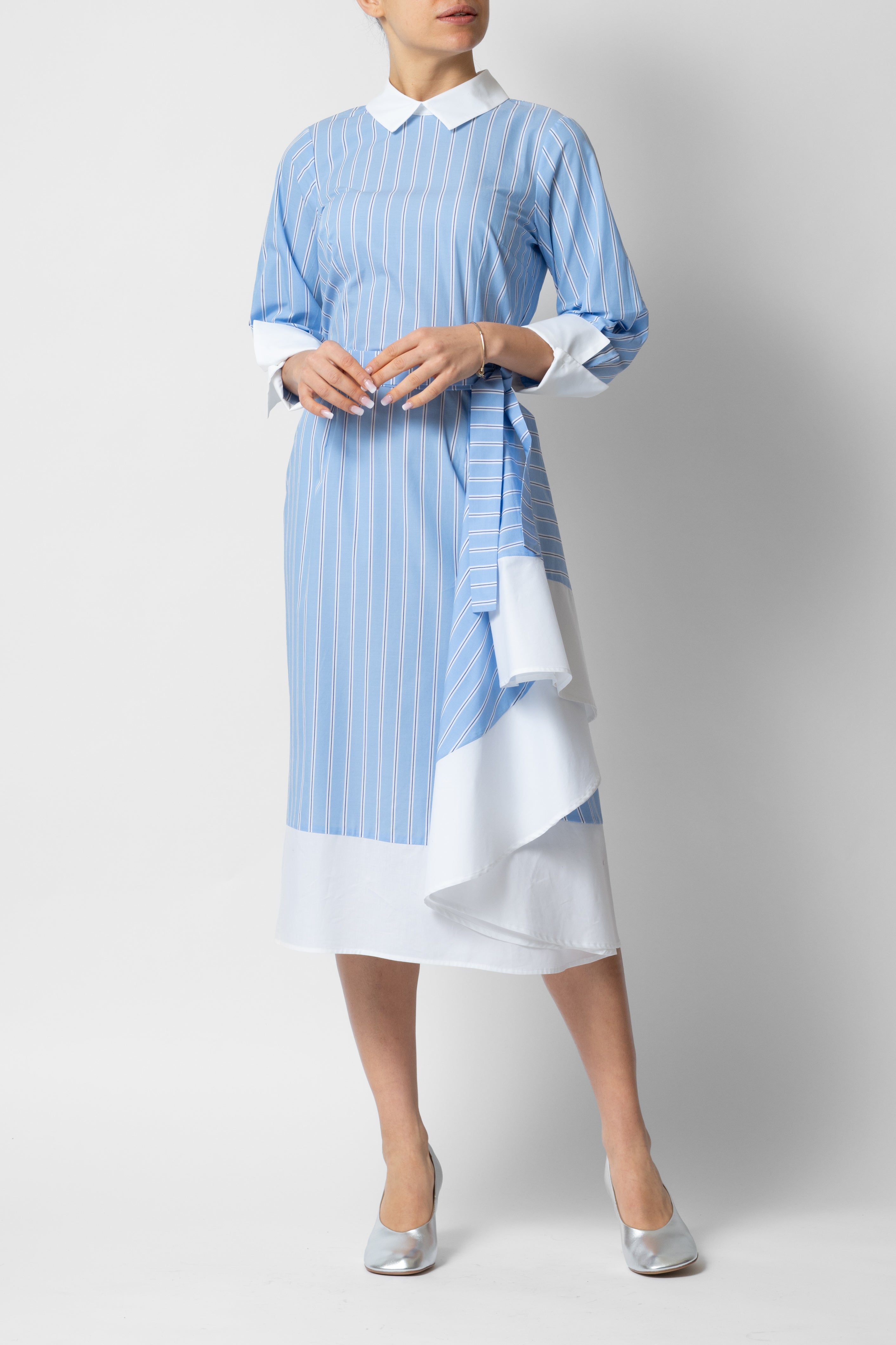 Midi Dress with Collar and Cuffs in Cotton, Blue