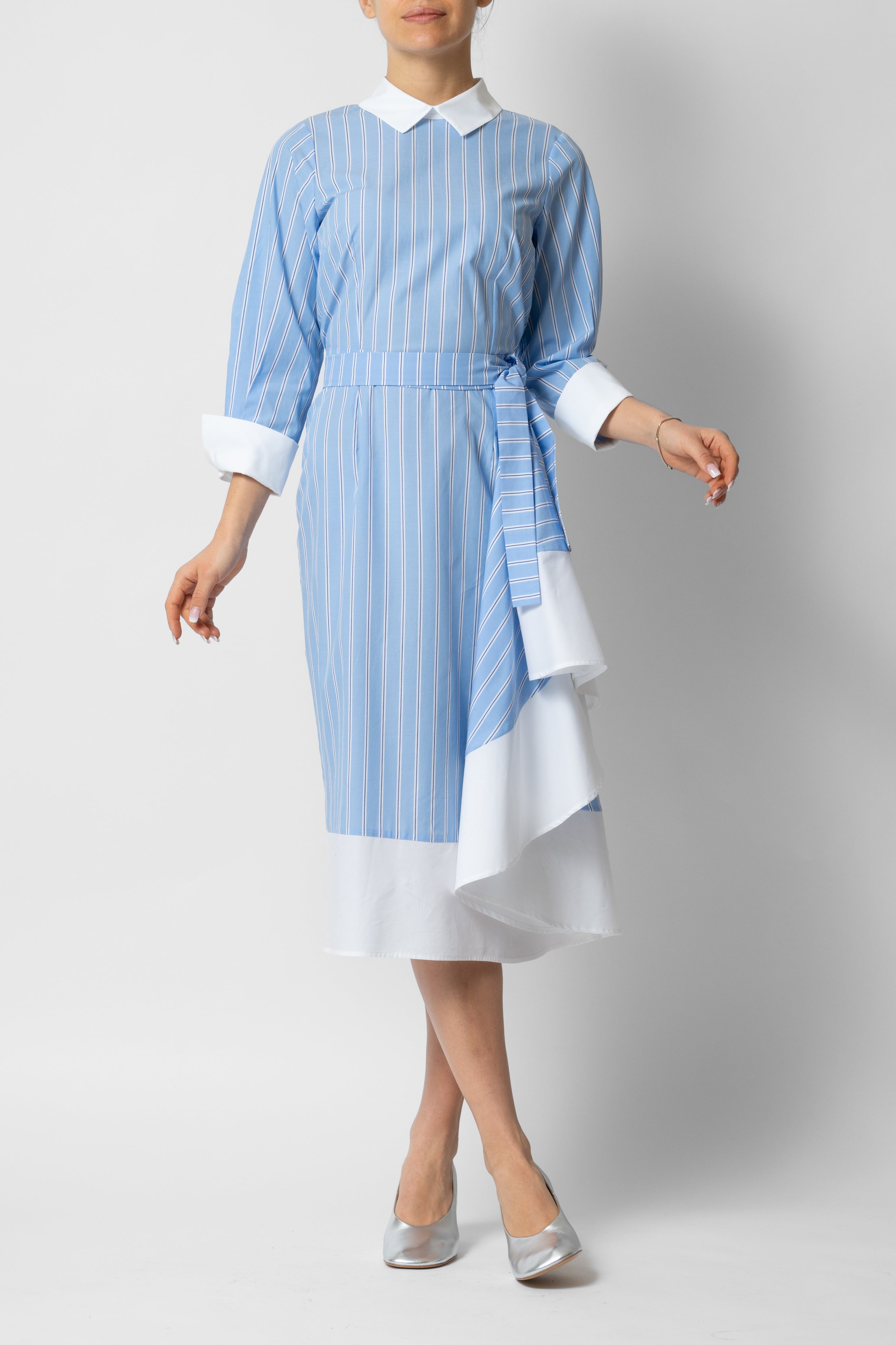 Midi Dress with Collar and Cuffs in Cotton, Blue