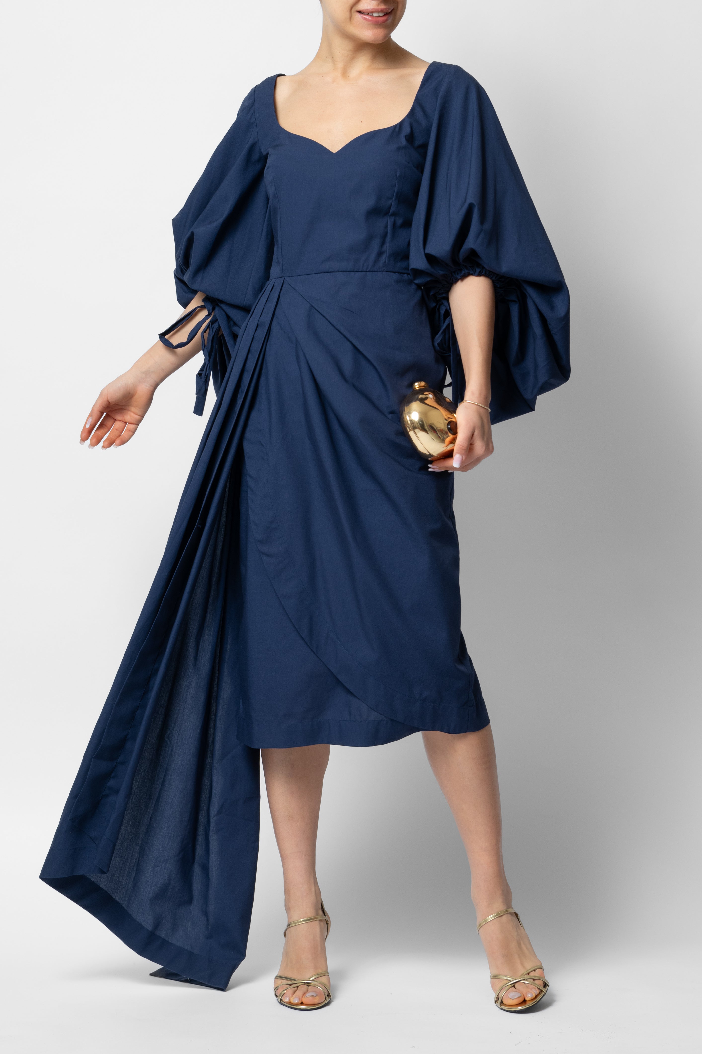 Rochie Midi cu Maneci Voluminoase din Bumbac, Negru-Bleumarin