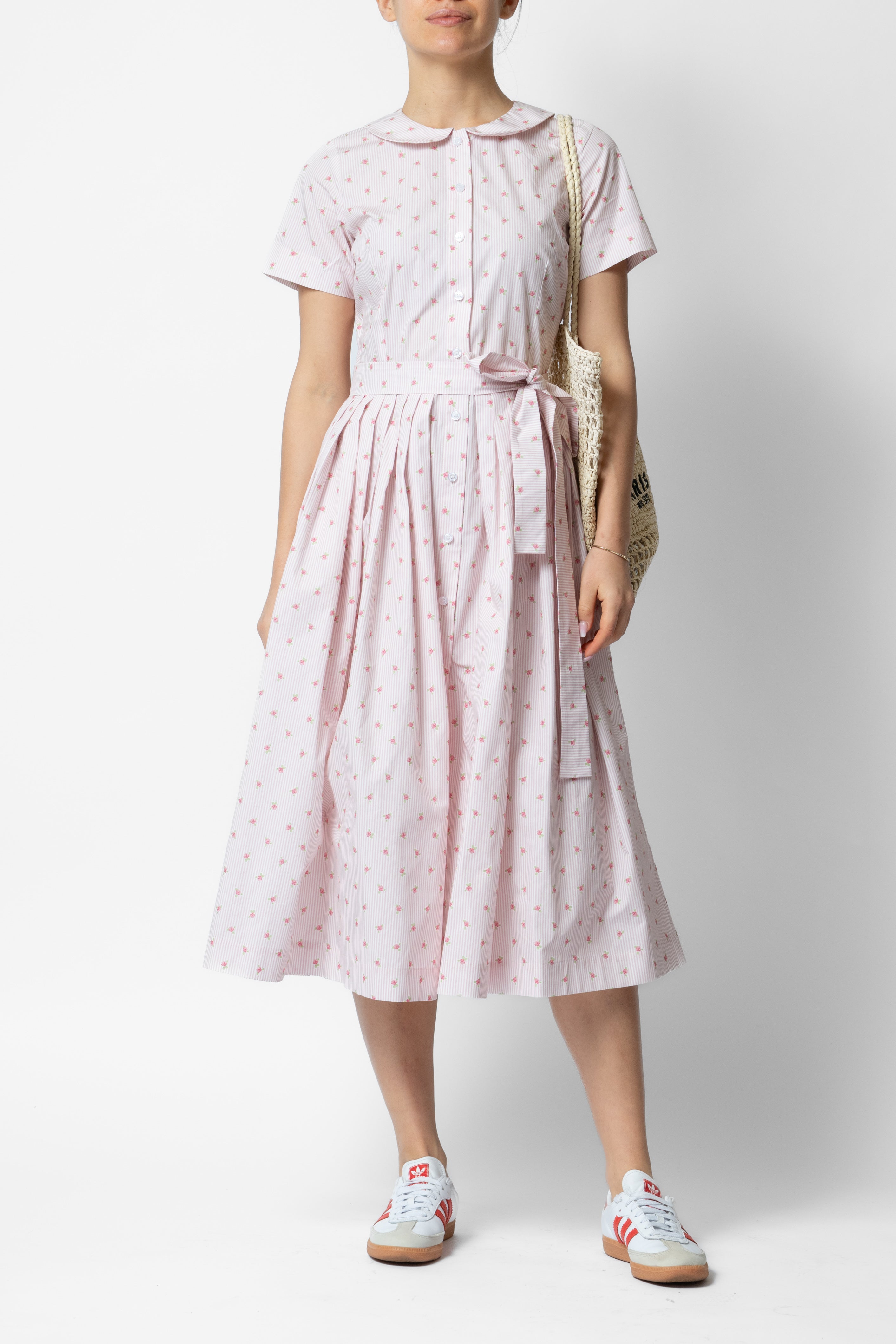 Rochie Camasa Midi cu Imprimeu Floral si Dungat, Roz