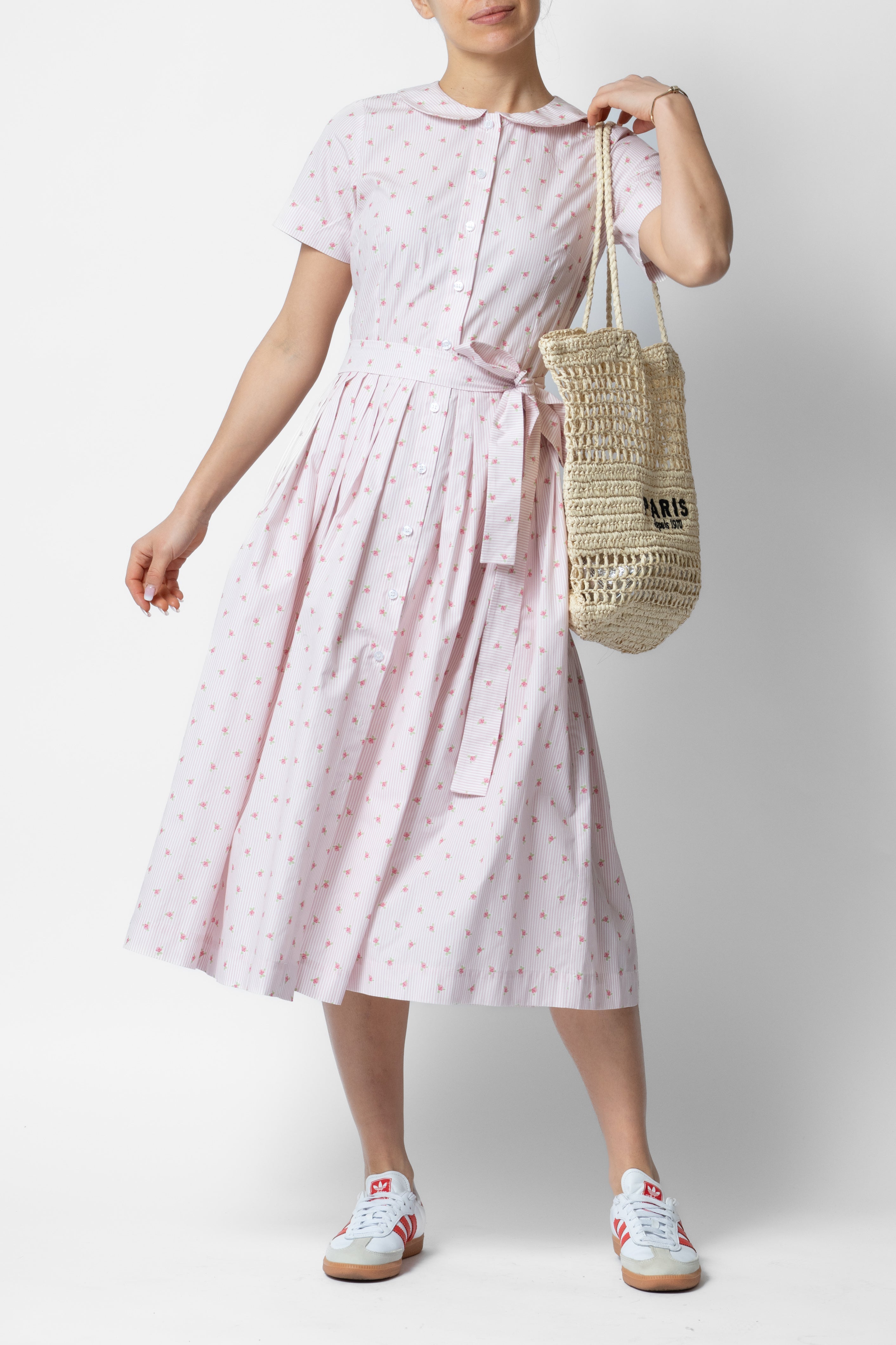 Rochie Camasa Midi cu Imprimeu Floral si Dungat, Roz