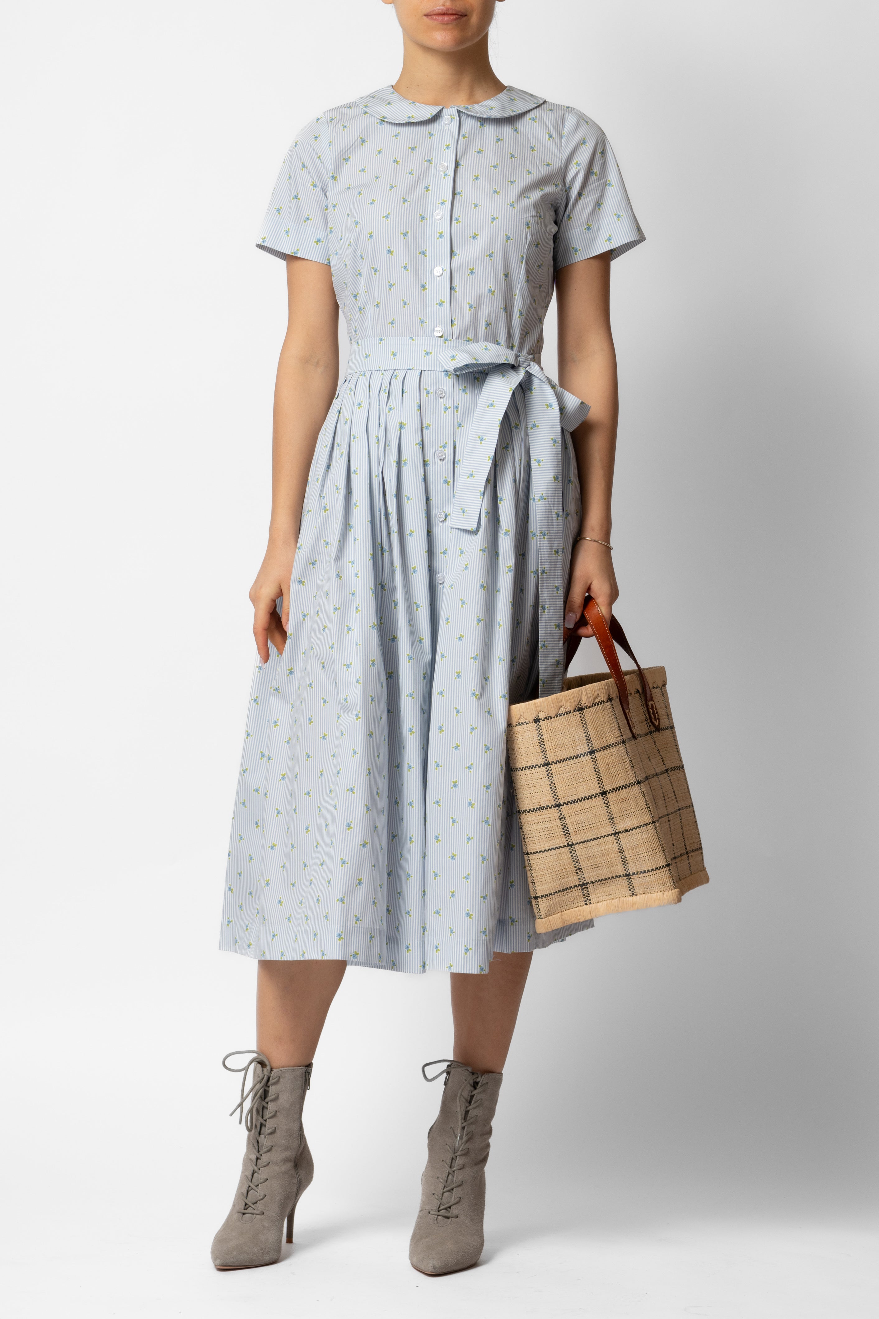Floral and Striped Midi Shirt Dress, Blue