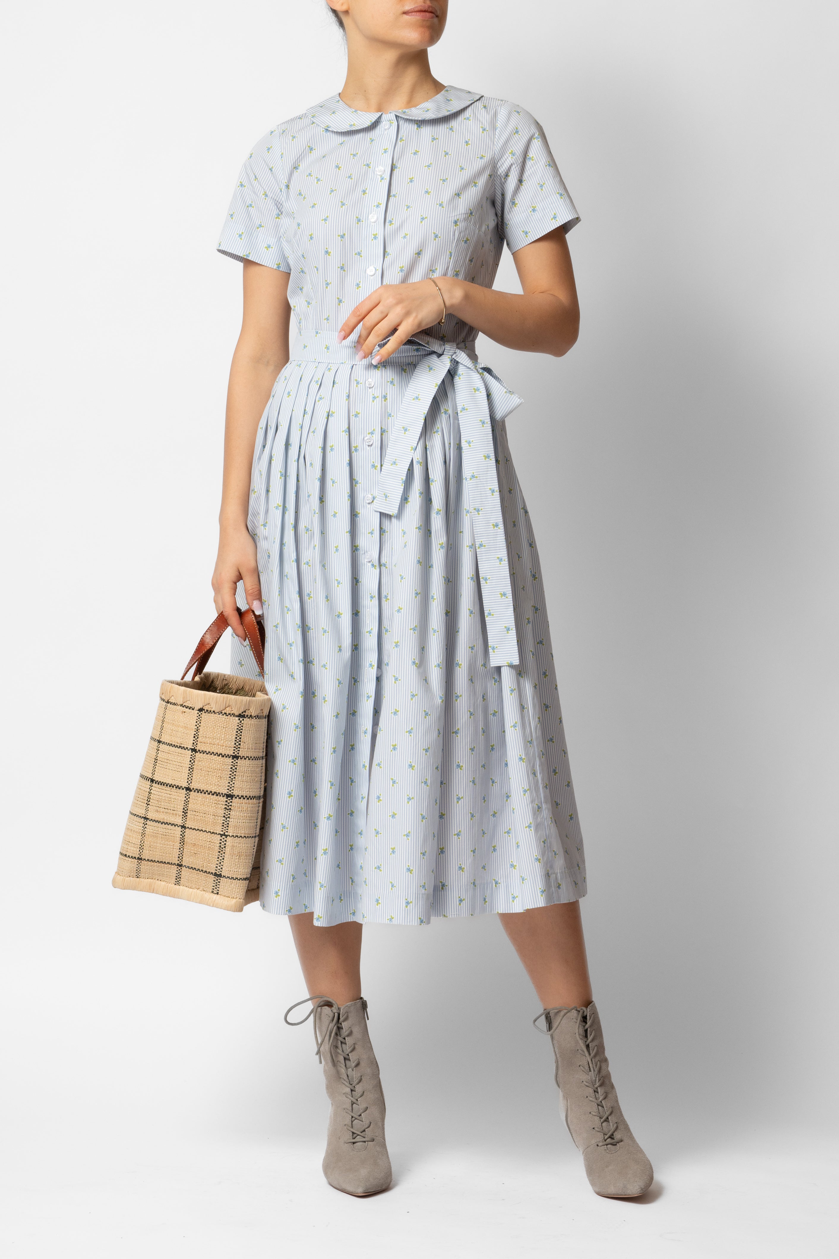 Floral and Striped Midi Shirt Dress, Blue