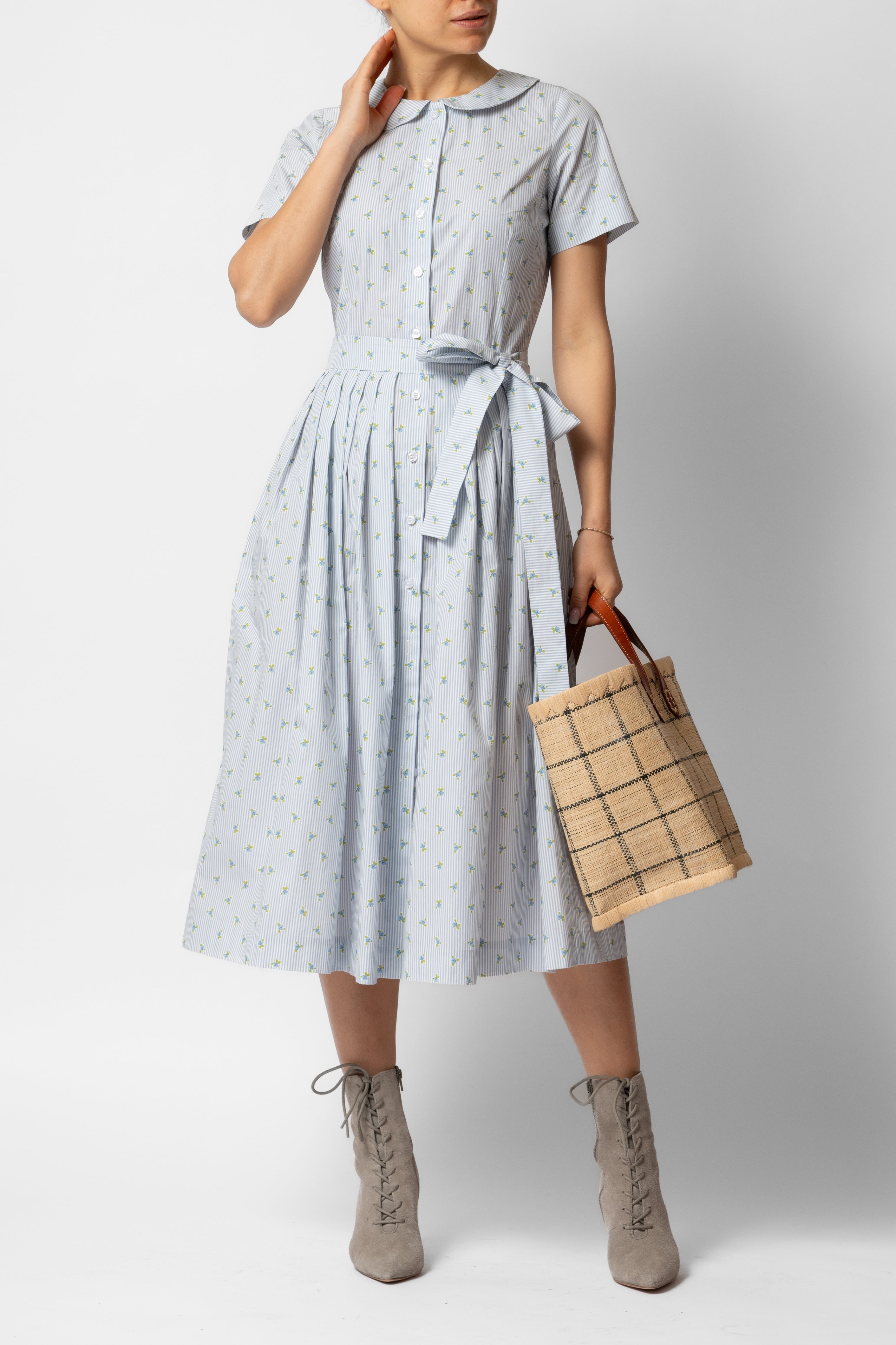 Rochie Camasa Midi cu Imprimeu Floral si Dungat, Bleu