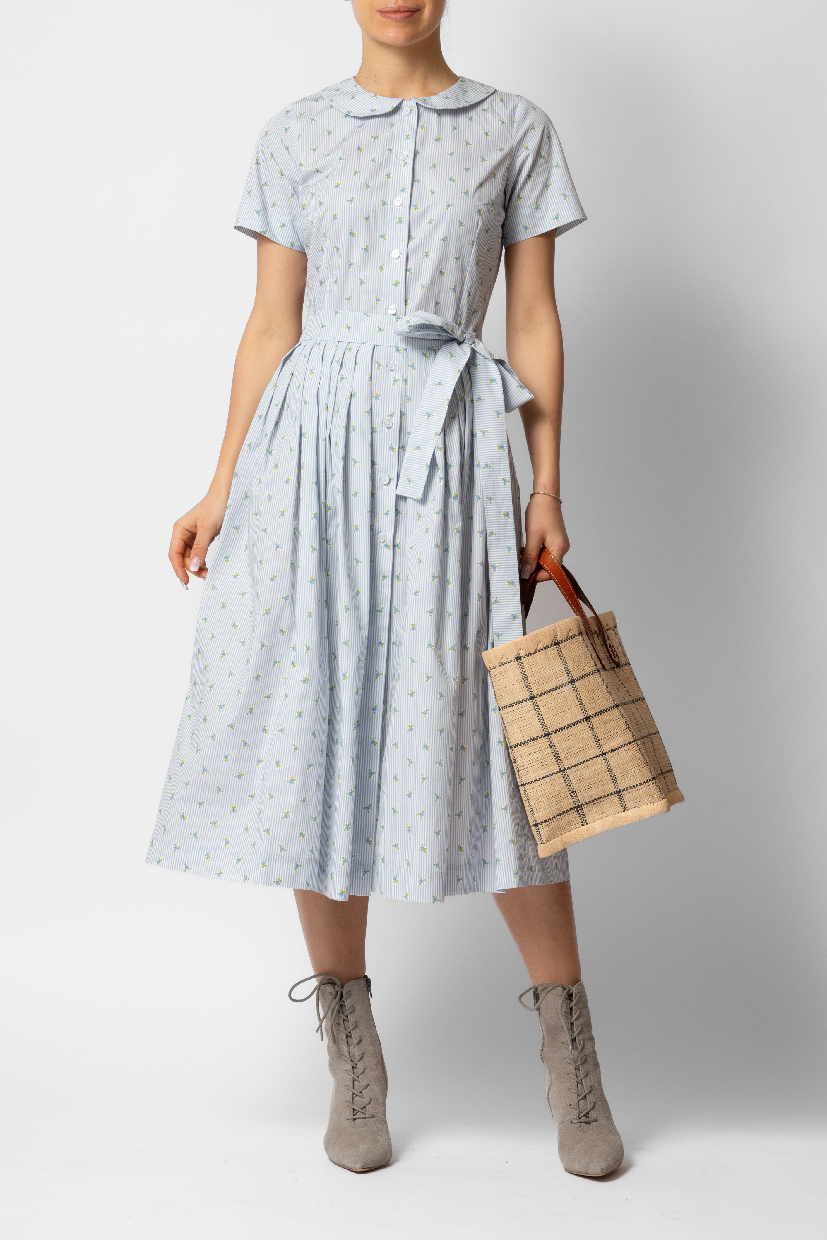 Rochie Camasa Midi cu Imprimeu Floral si Dungat, Bleu