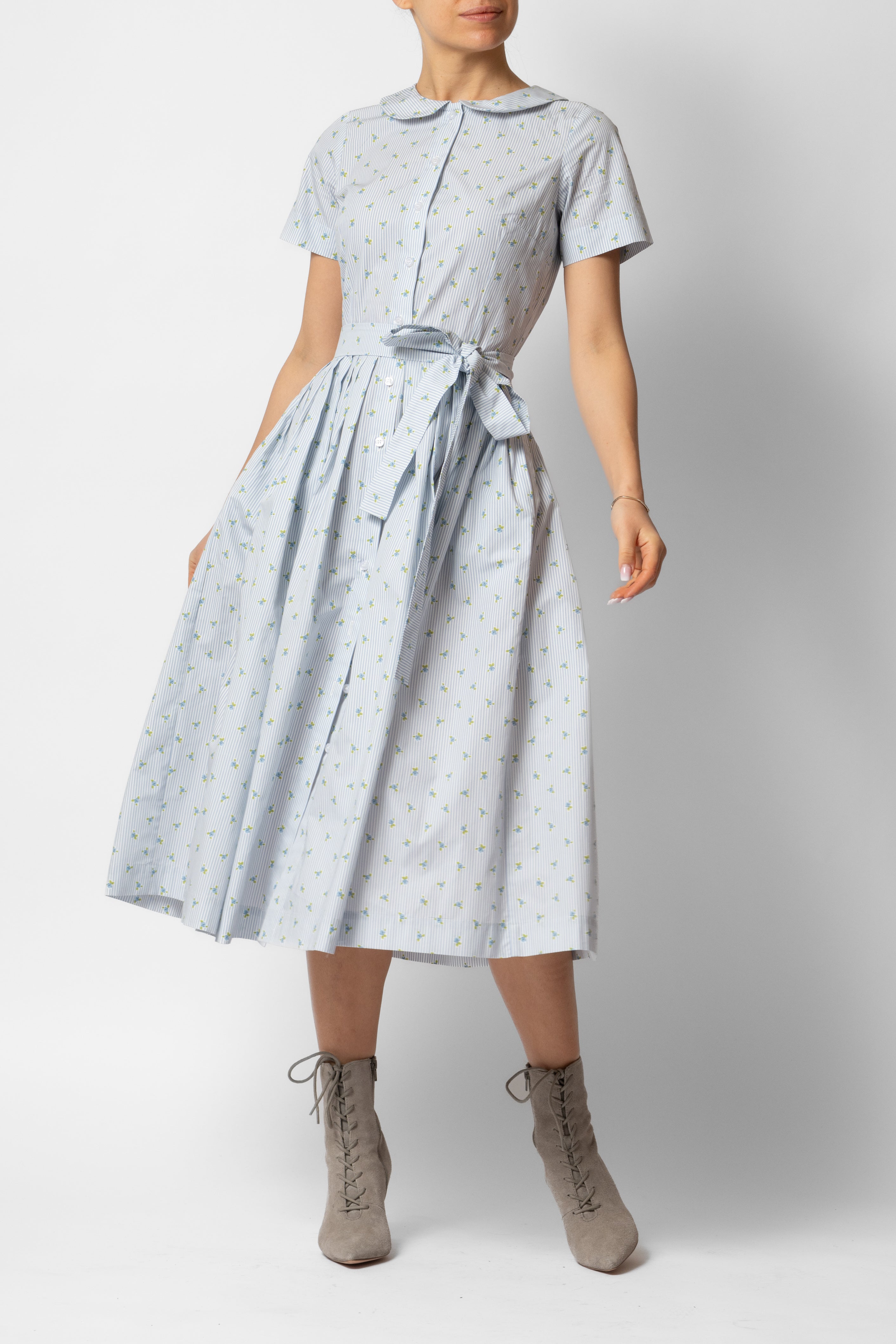 Rochie Camasa Midi cu Imprimeu Floral si Dungat, Bleu