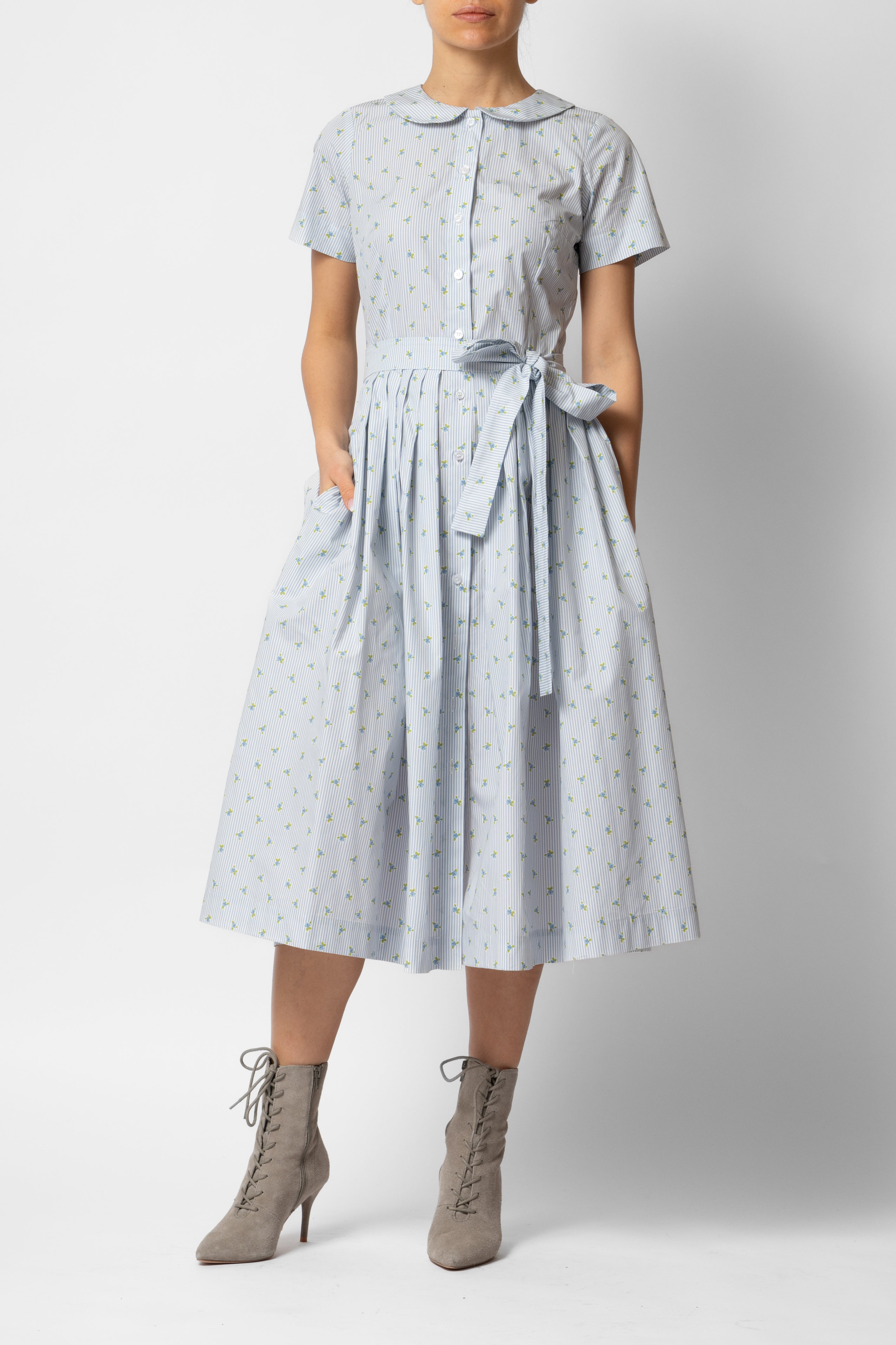 Floral and Striped Midi Shirt Dress, Blue