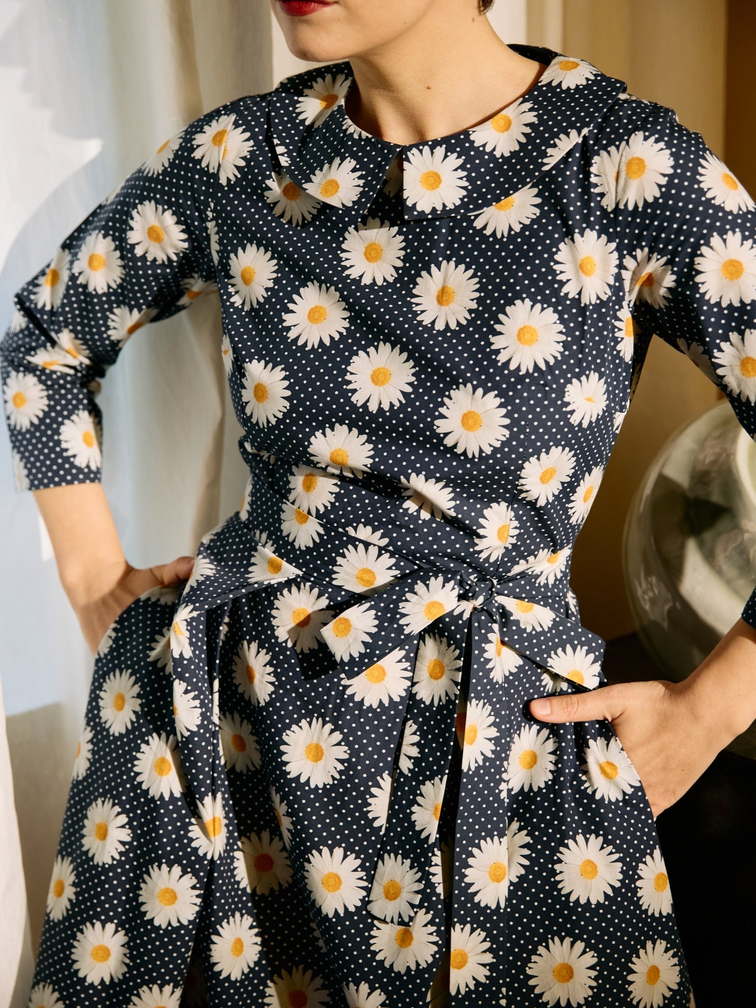 Rochie Midi cu Maneca 3/4 si Imprimeu din Bumbac, Neagra