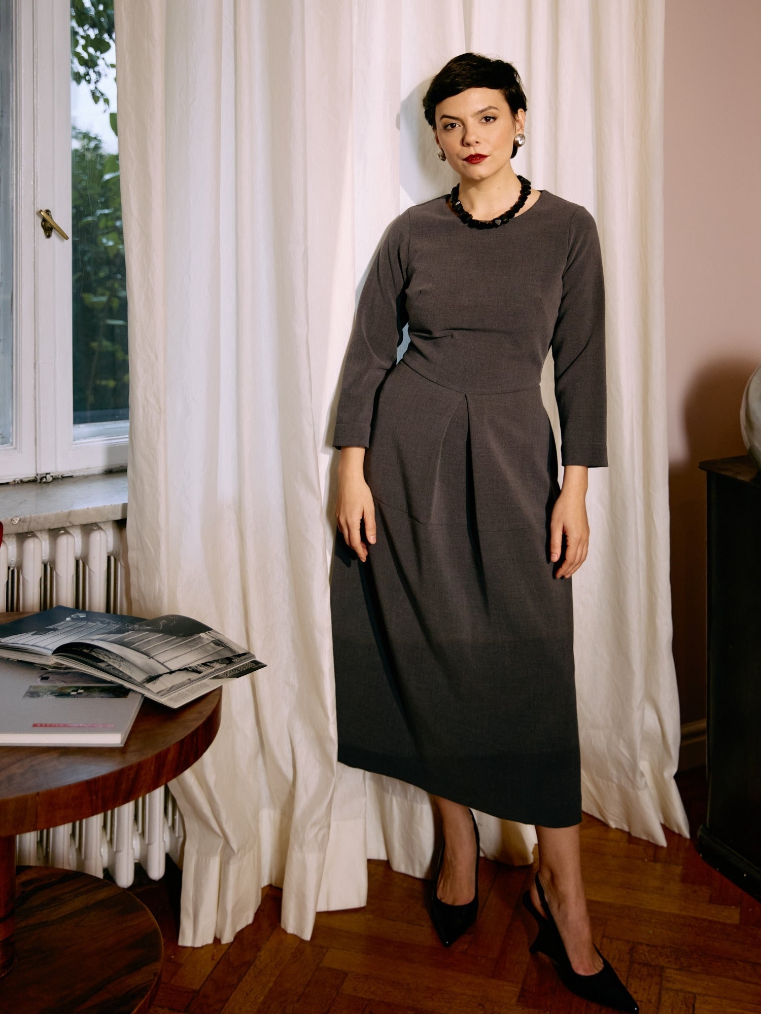Office Midi Dress in Viscose, Anthracite Grey