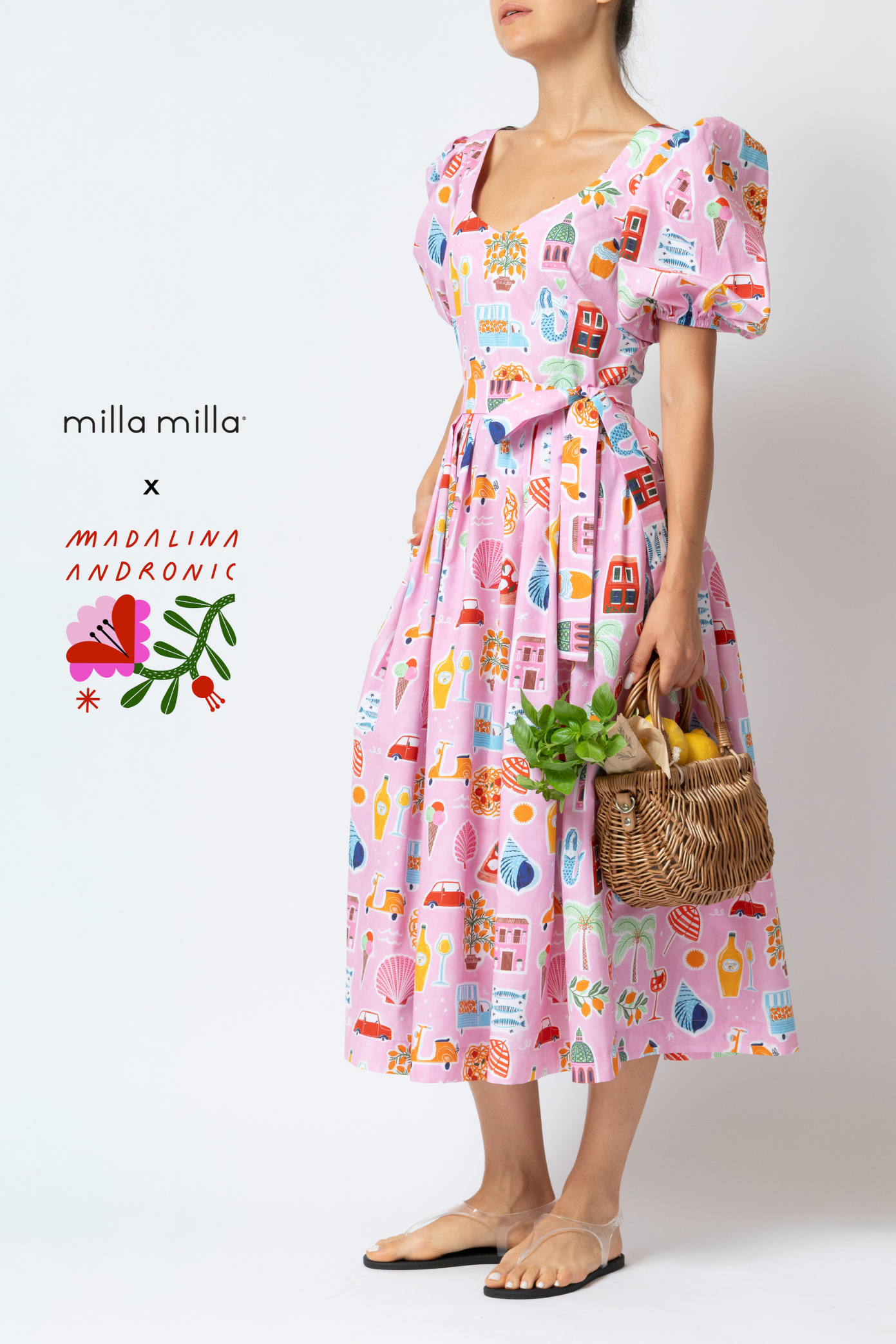 Rochie Midi cu Imprimeu Amalfi din Bumbac “Madalina Andronic x Milla Milla”, Roz