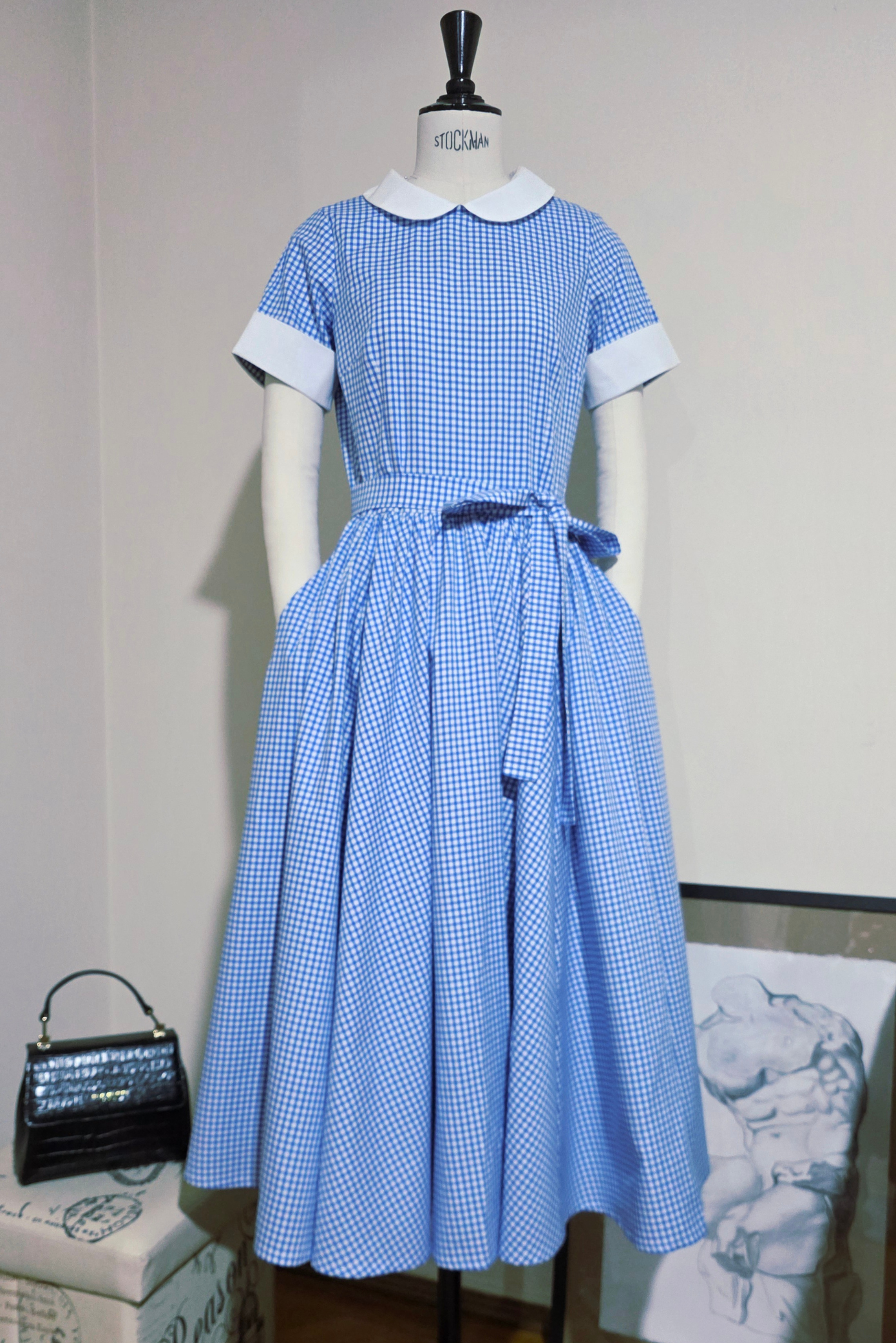 Rochie Midi cu Maneci Scurte, Mansete si Carouri din Bumbac, Bleu