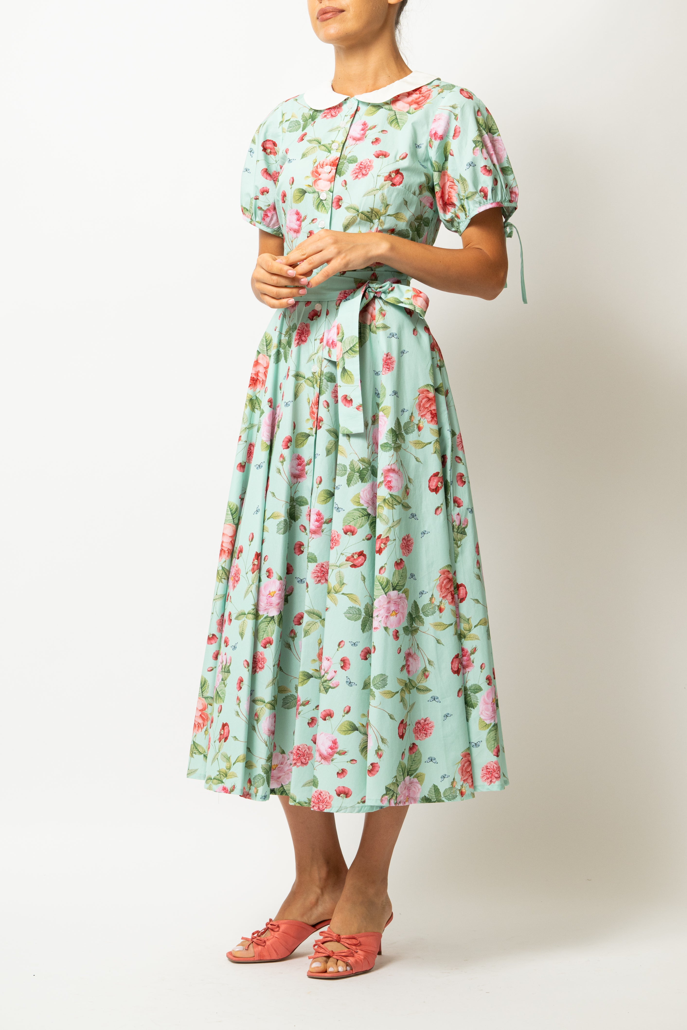 Floral and Striped Midi Shirt Dress, Blue