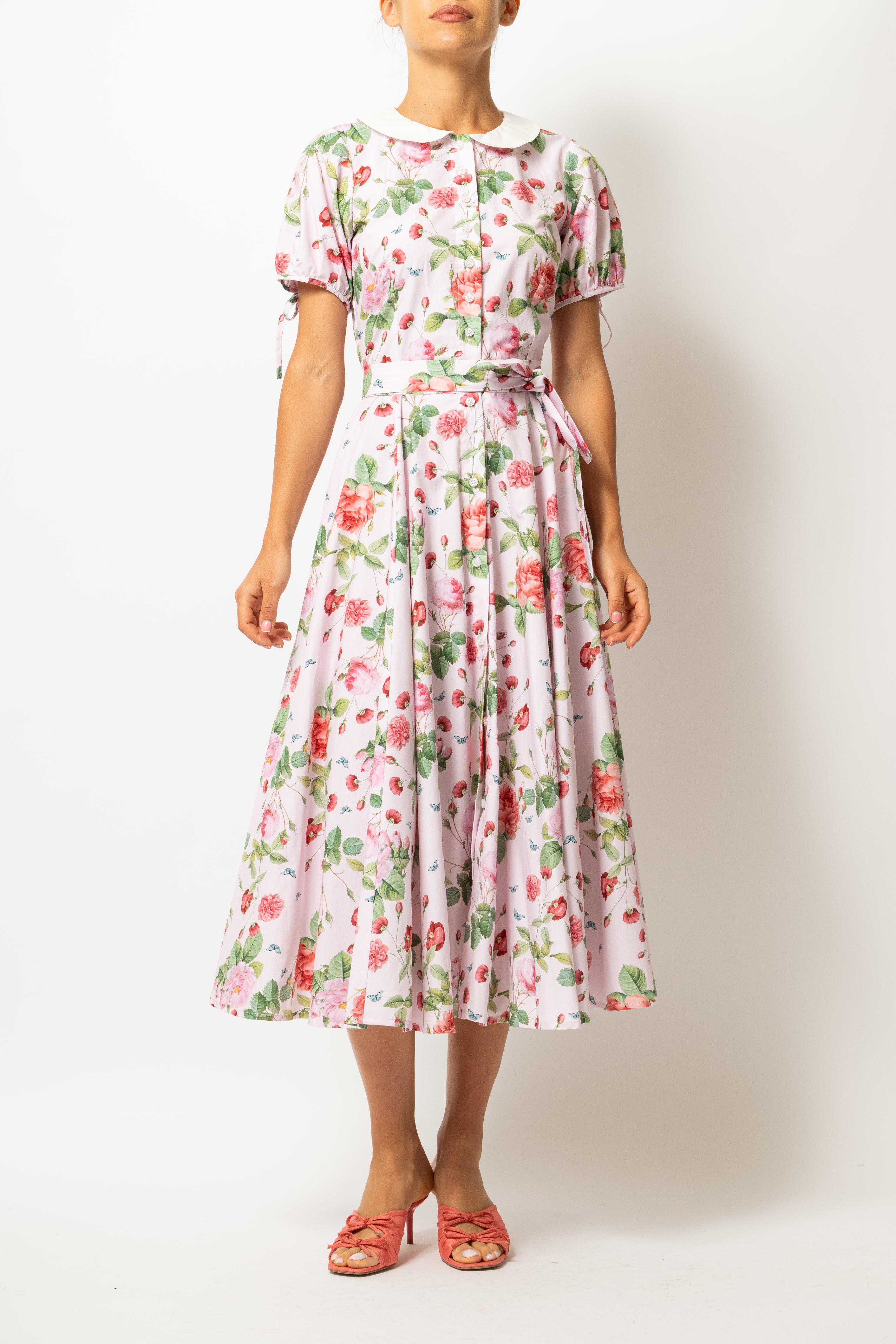 Floral and Striped Midi Shirt Dress, Blue