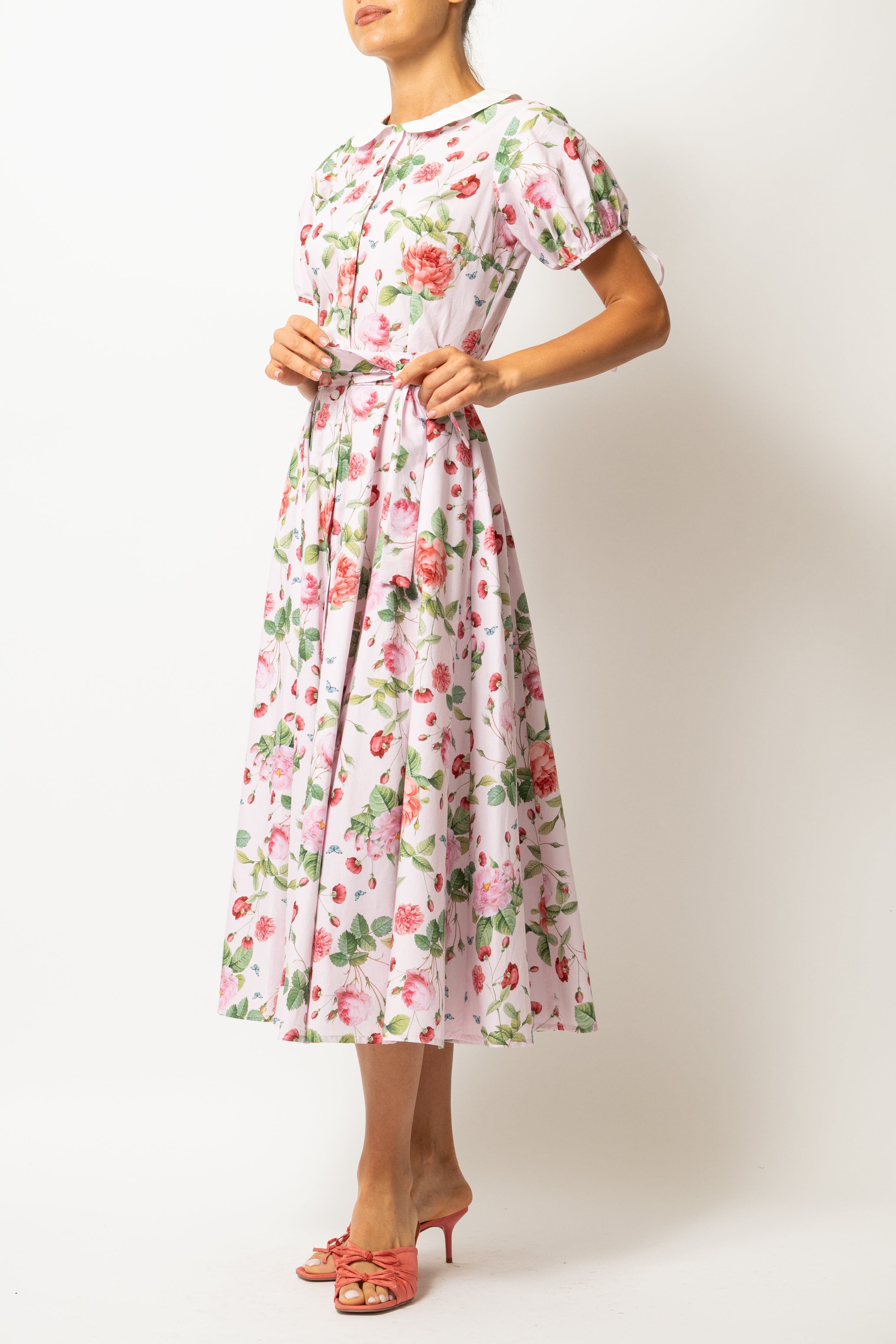 Floral and Striped Midi Shirt Dress, Blue