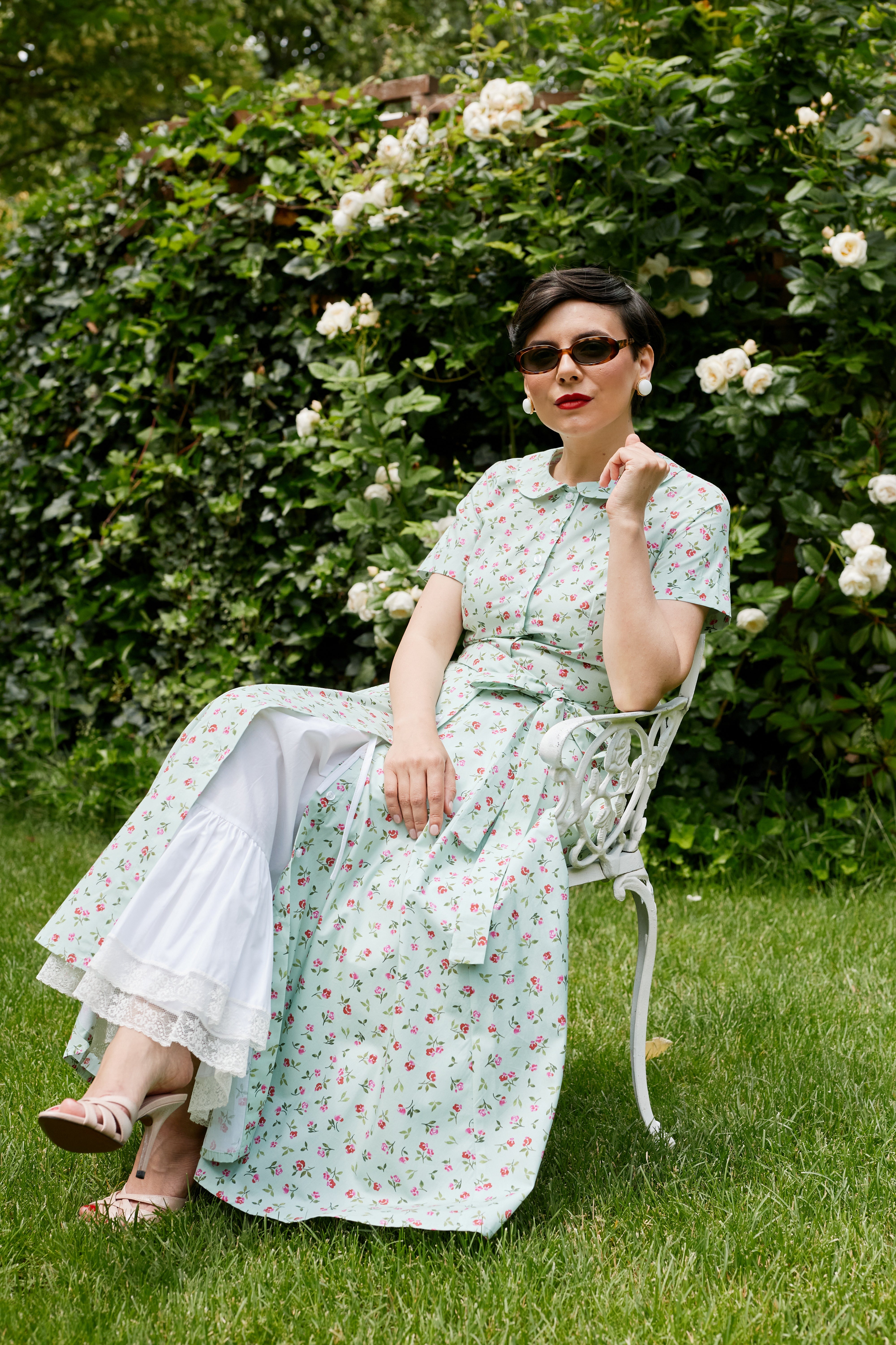 Floral and Striped Midi Shirt Dress, Blue