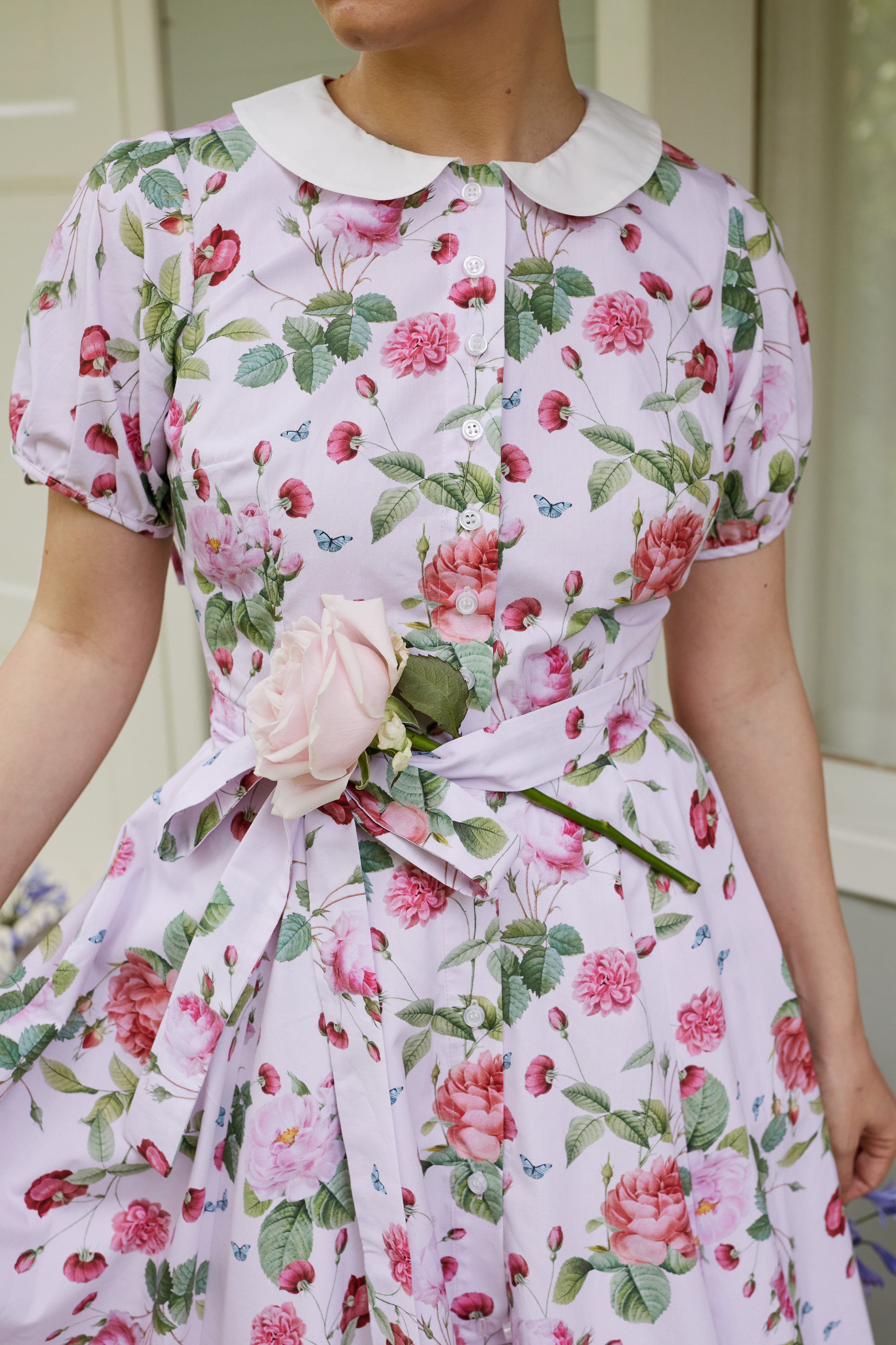 Floral and Striped Midi Shirt Dress, Blue