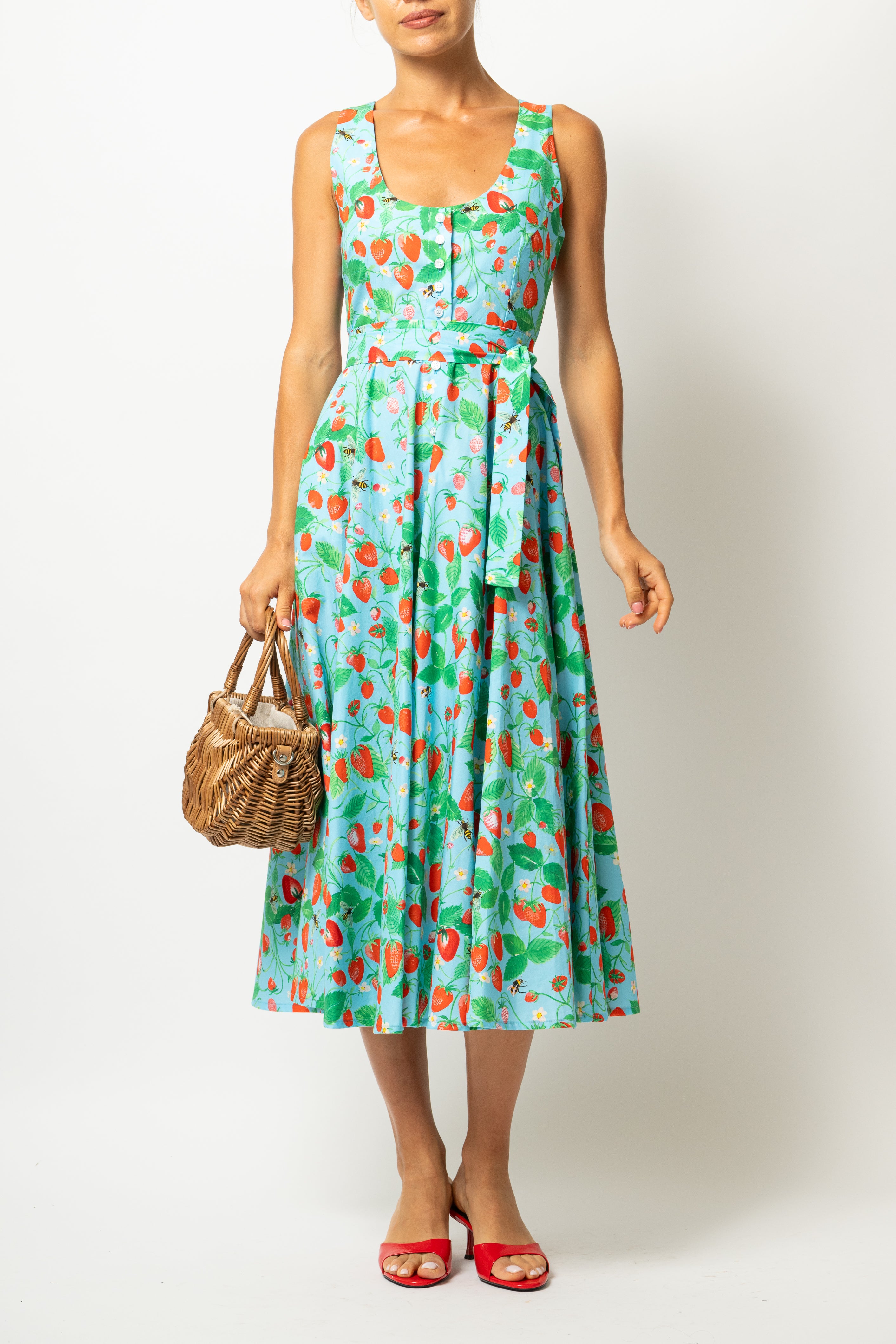 Rochie Midi cu Decolteu Rotund, din Bumbac cu Capsuni pe Bleu