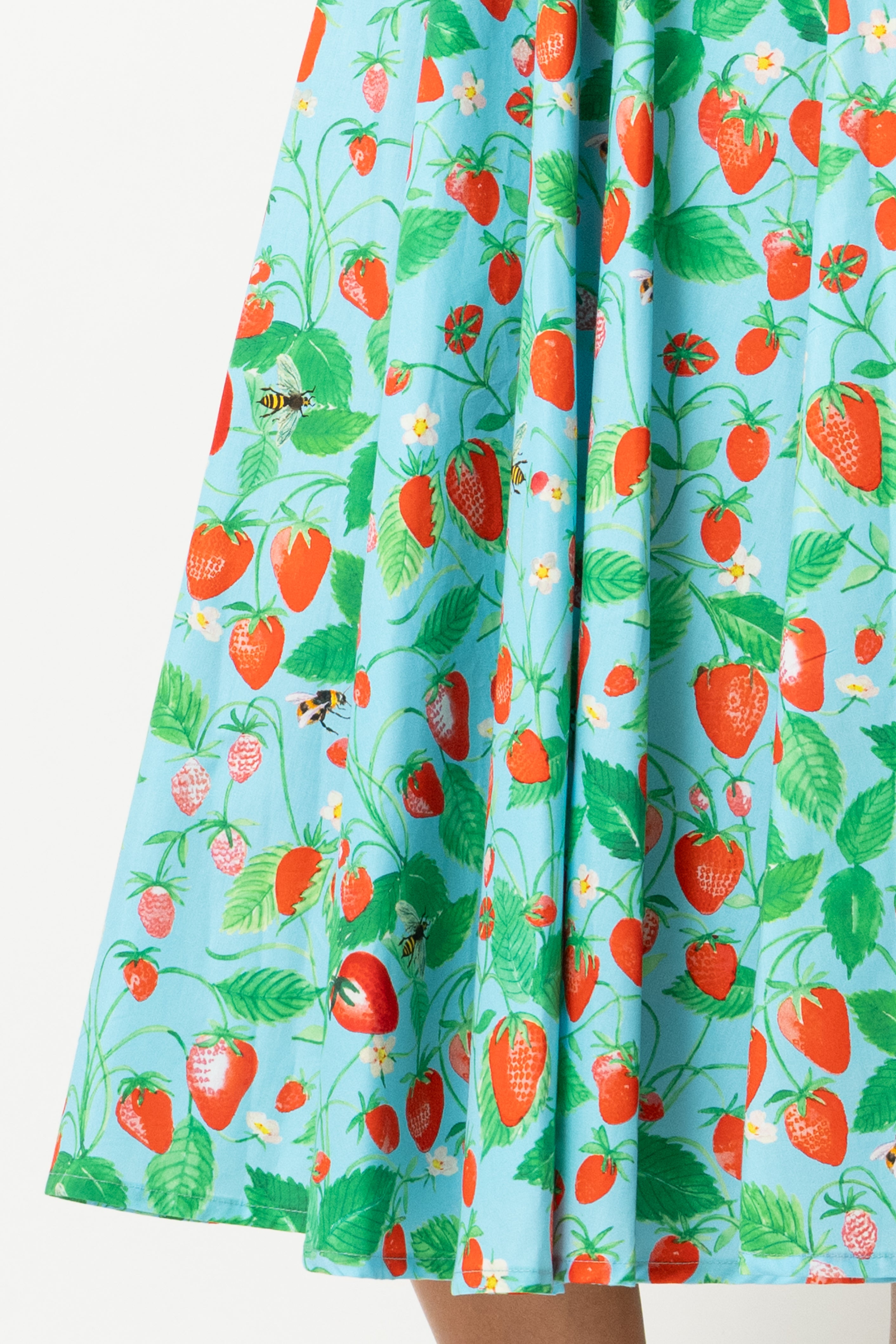 Rochie Midi cu Decolteu Rotund, din Bumbac cu Capsuni pe Bleu