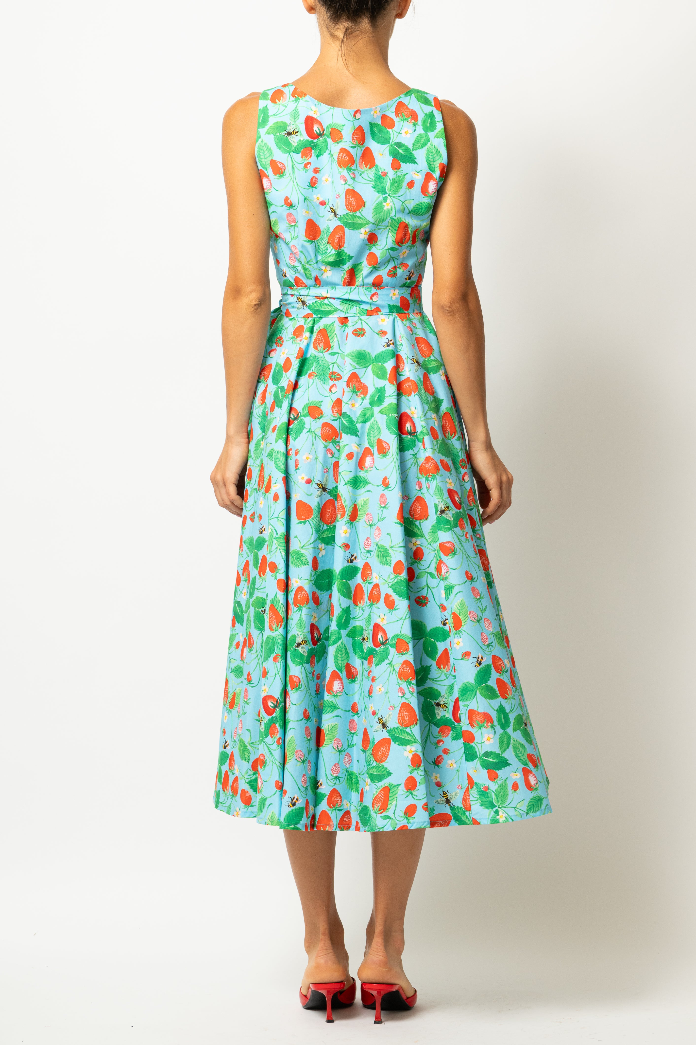 Rochie Midi cu Decolteu Rotund, din Bumbac cu Capsuni pe Bleu