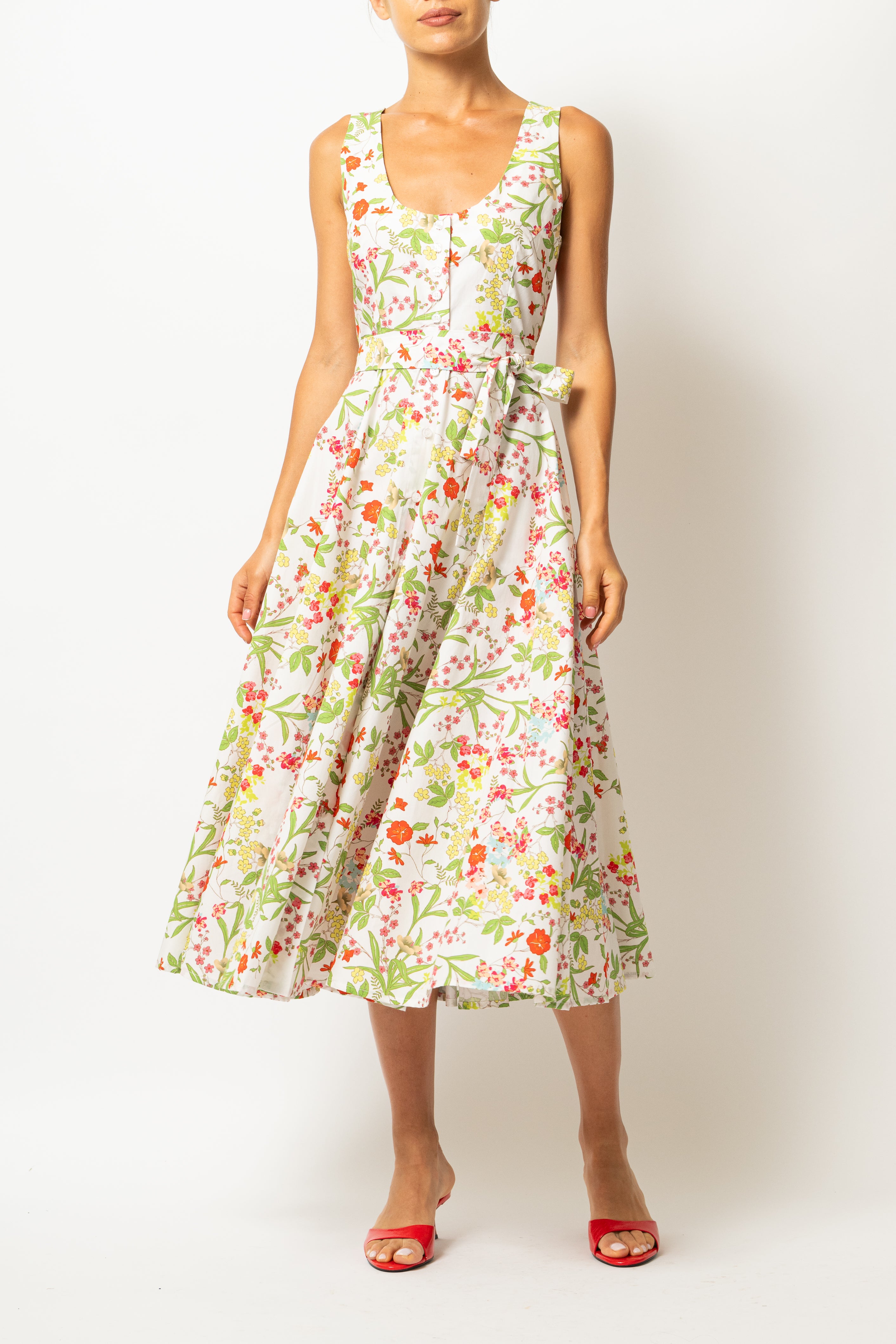 Rochie Midi cu Decolteu Rotund, din Bumbac cu Flori de Vara