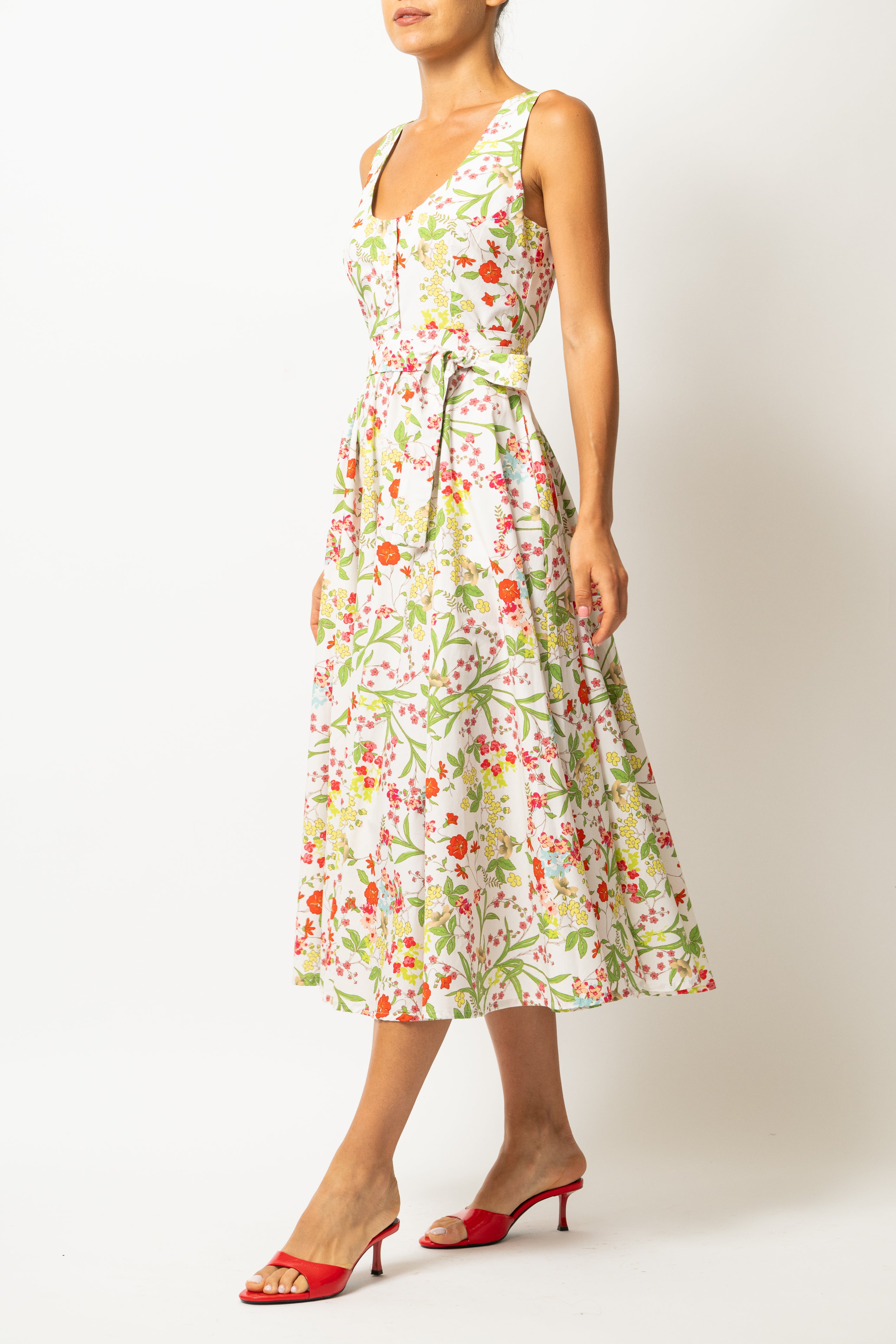 Rochie Midi cu Decolteu Rotund, din Bumbac cu Flori de Vara