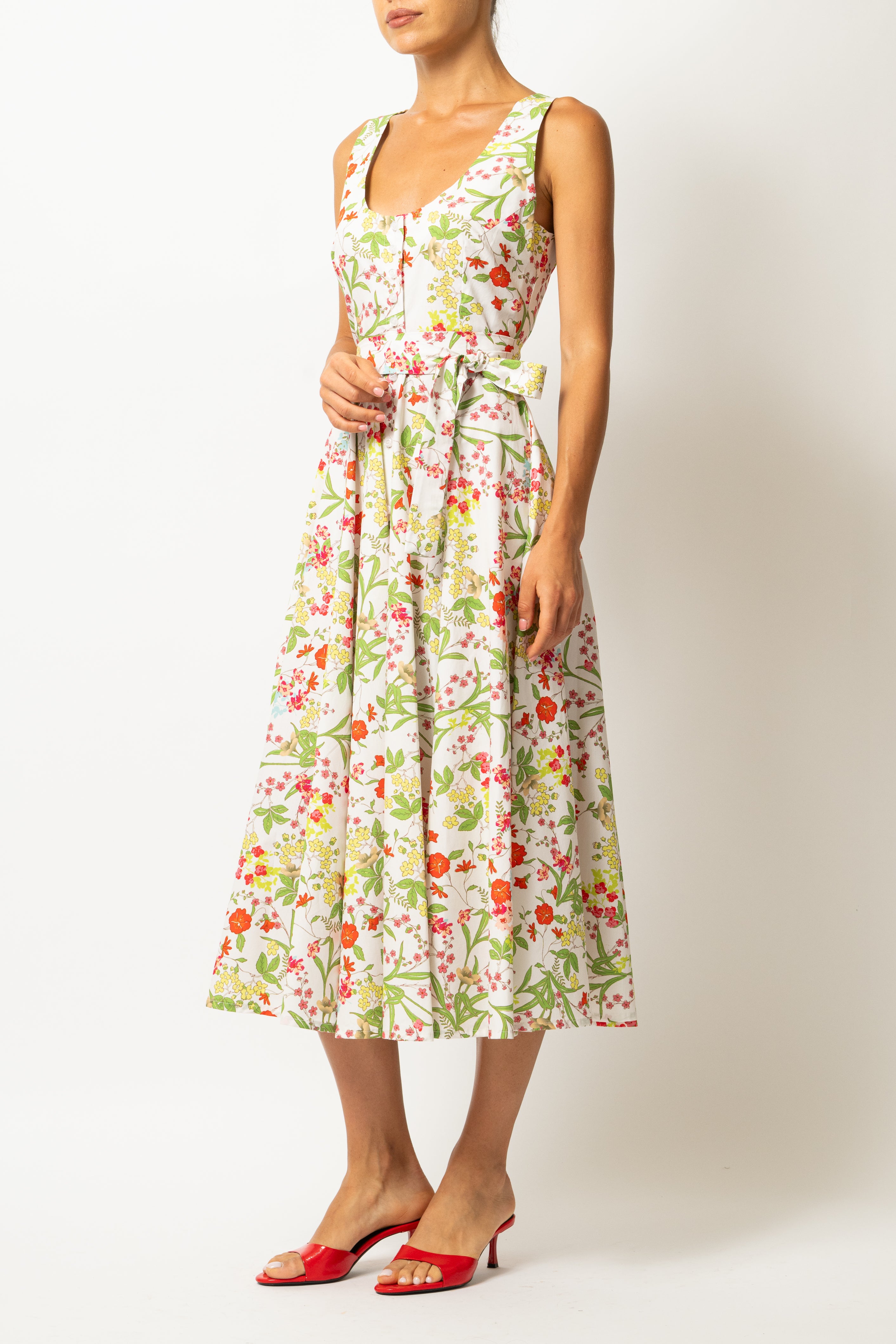 Rochie Midi cu Decolteu Rotund, din Bumbac cu Flori de Vara