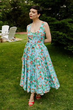 Rochie Midi cu Decolteu Rotund, din Bumbac cu Capsuni pe Bleu