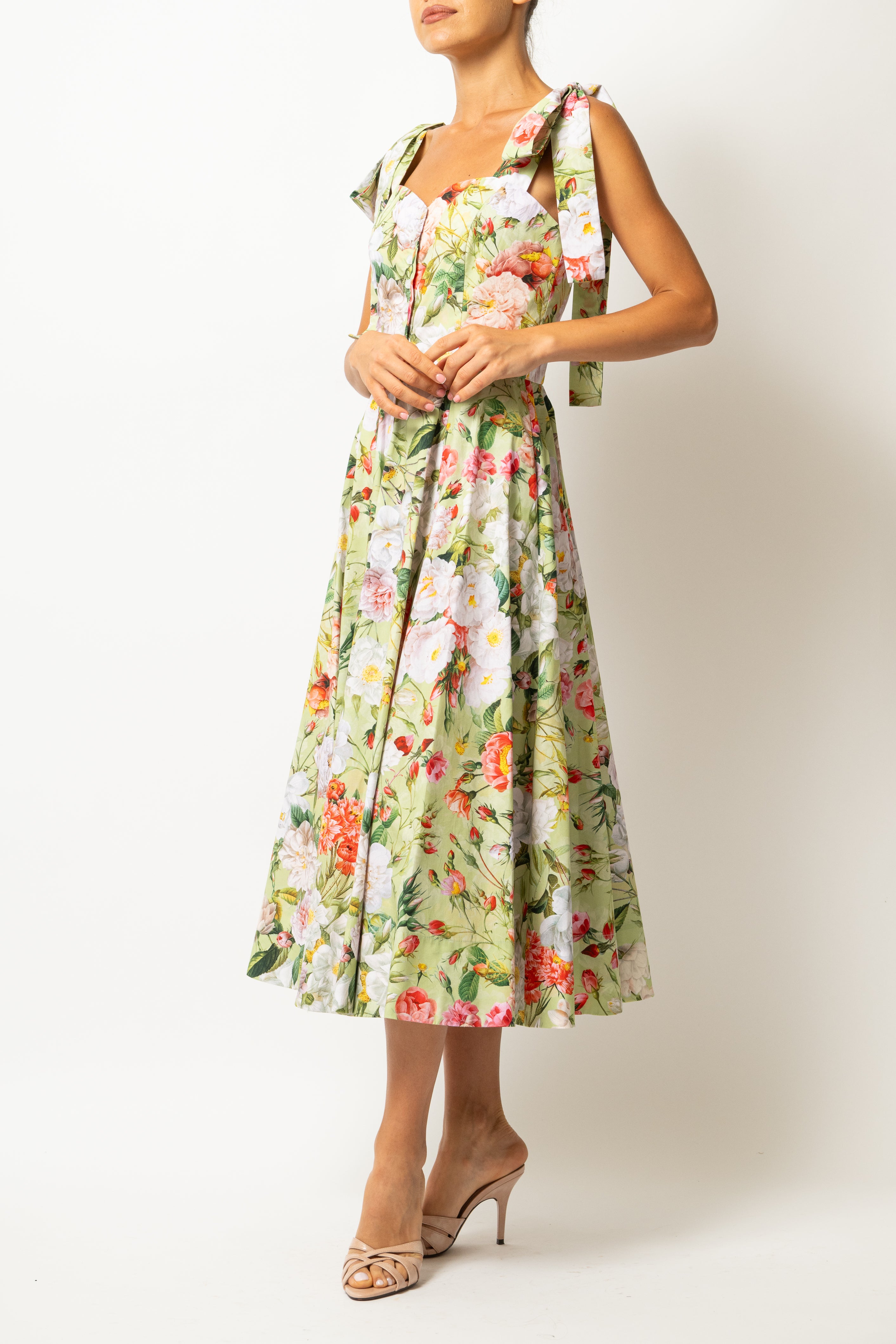 Rochie Midi, cu Bretele, din Bumbac cu Flori Pe Verde