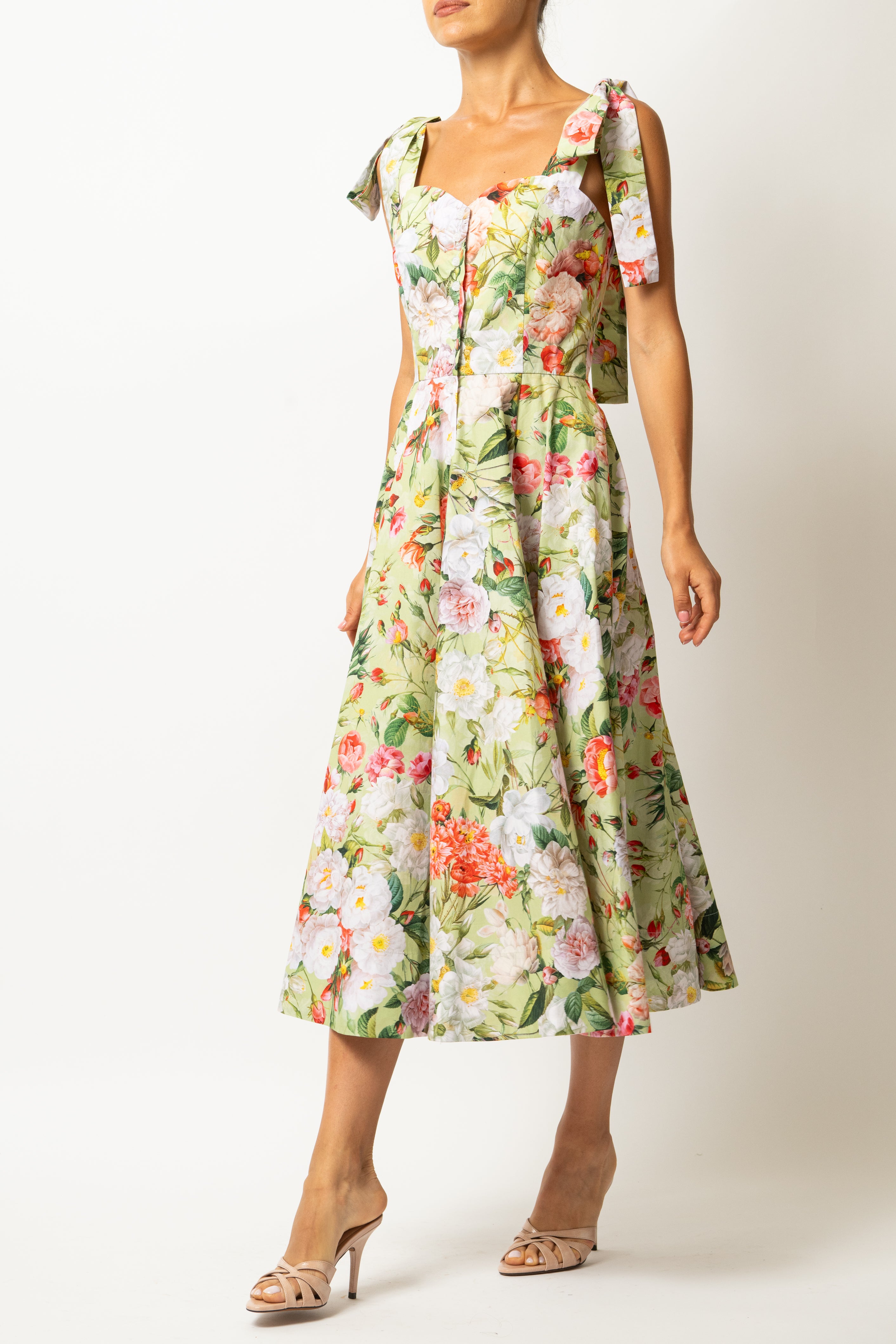 Rochie Midi, cu Bretele, din Bumbac cu Flori Pe Verde