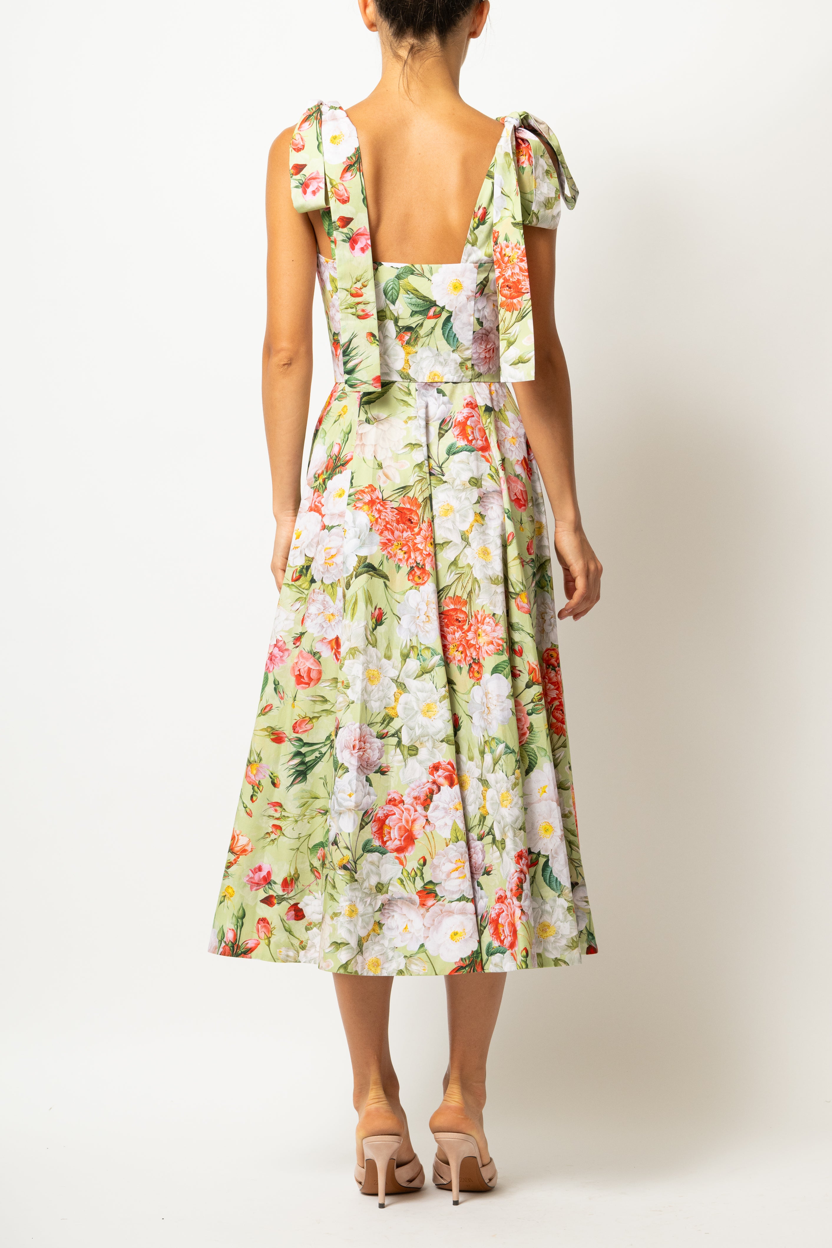 Rochie Midi, cu Bretele, din Bumbac cu Flori Pe Verde