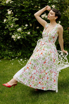 Rochie Midi cu Decolteu Rotund, din Bumbac cu Flori de Vara
