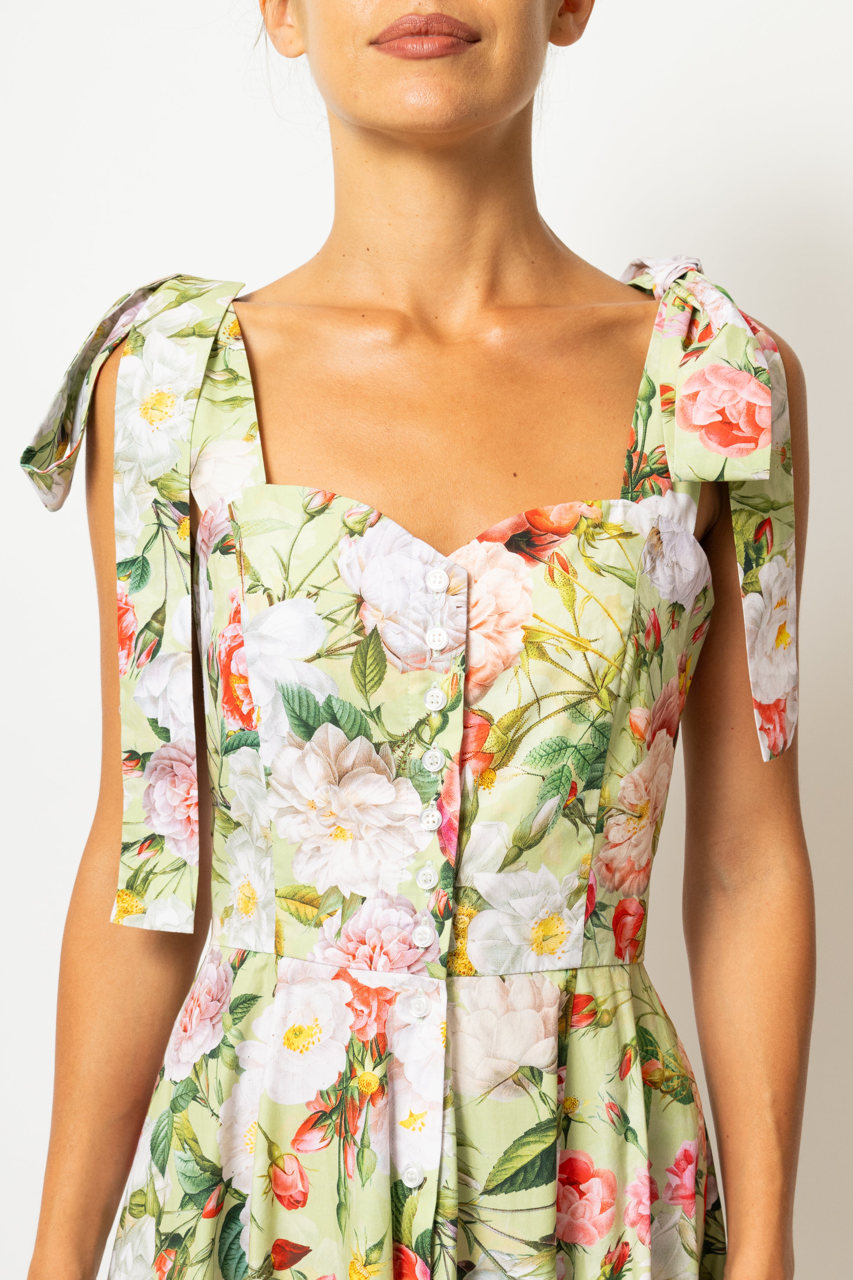 Rochie Midi, cu Bretele, din Bumbac cu Flori Pe Verde