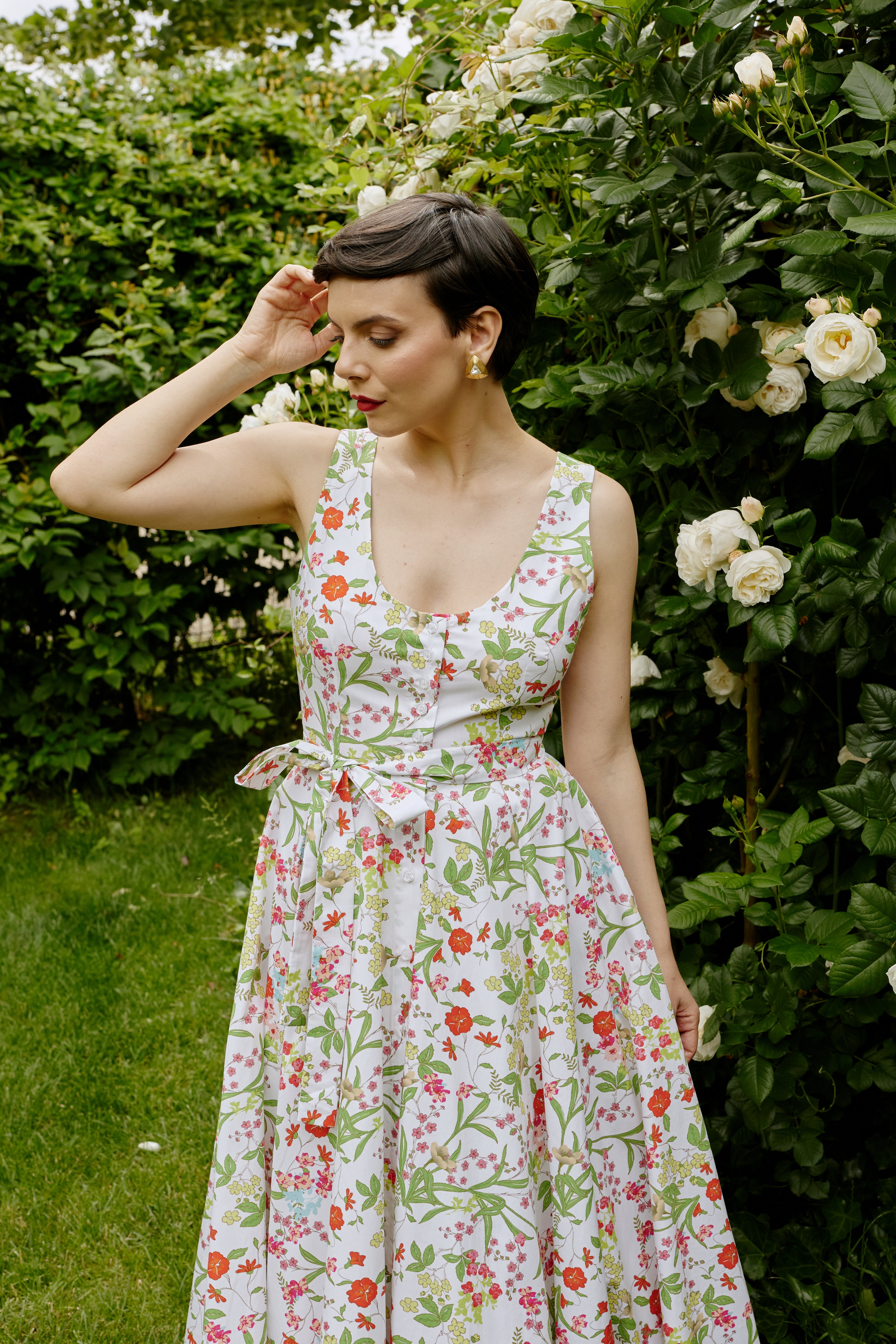 Rochie Midi cu Decolteu Rotund, din Bumbac cu Flori de Vara