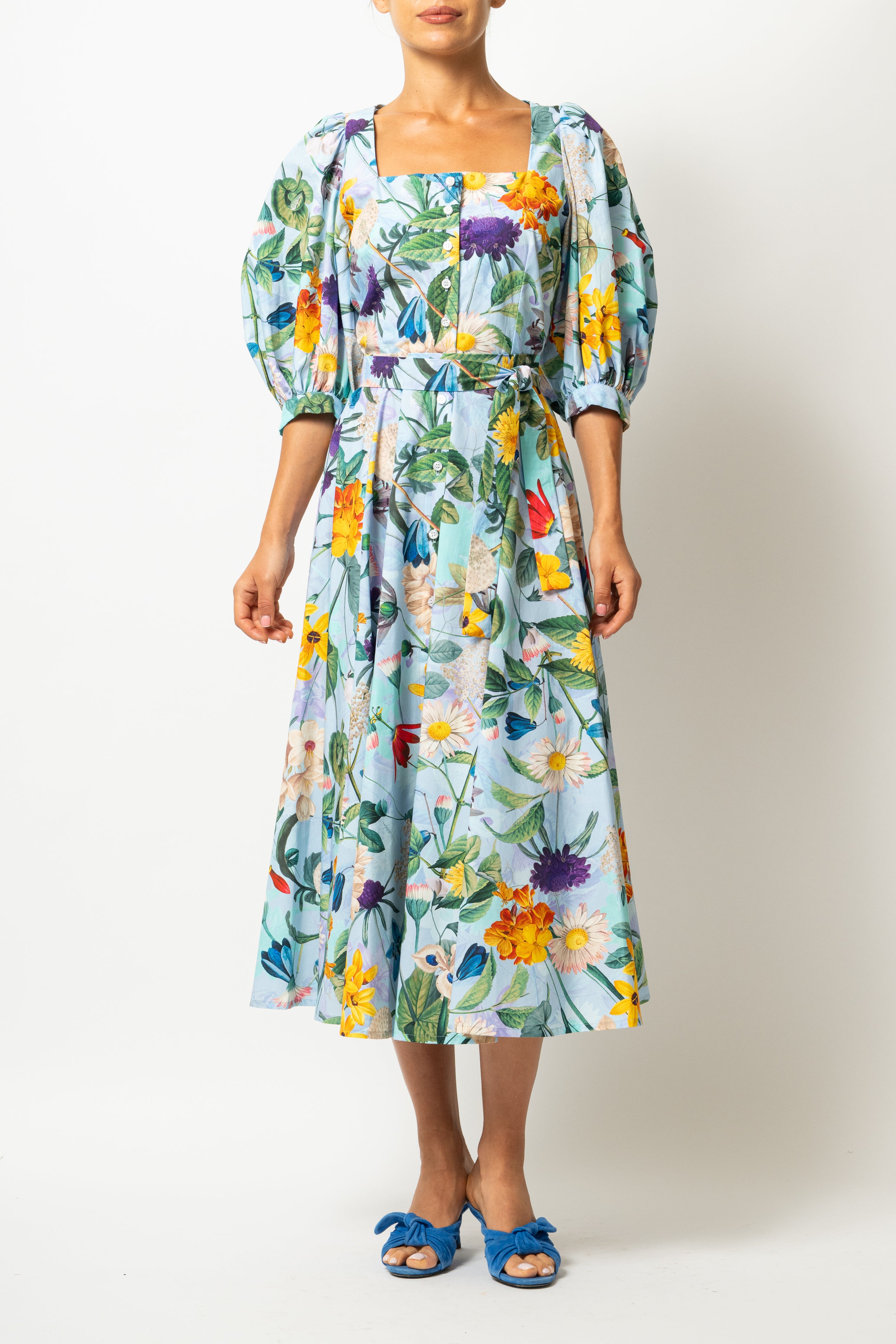 Rochie Midi, cu Decolteu Patrat, din Bumbac cu Flori Pe Bleu