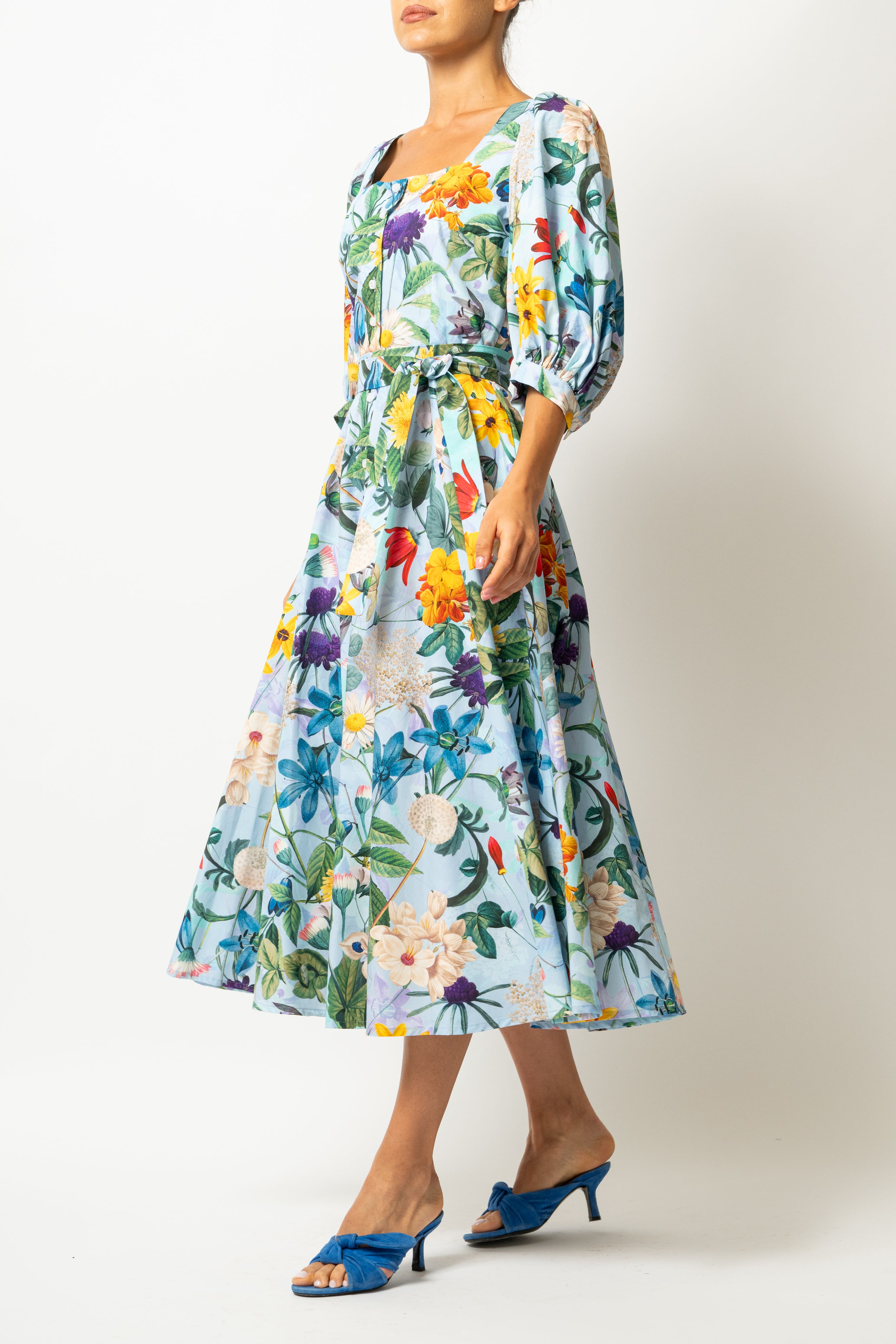 Rochie Midi, cu Decolteu Patrat, din Bumbac cu Flori Pe Bleu
