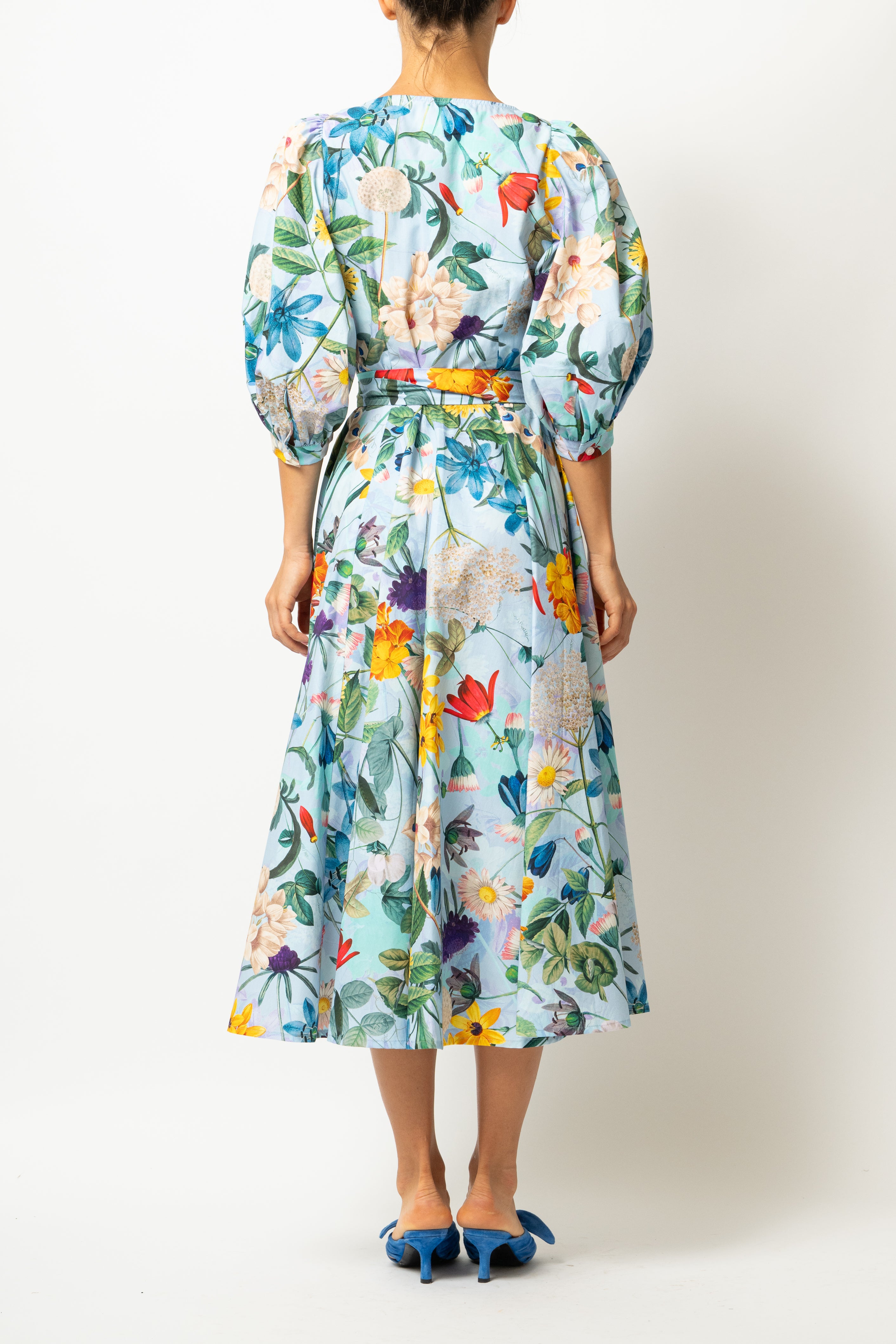 Rochie Midi, cu Decolteu Patrat, din Bumbac cu Flori Pe Bleu
